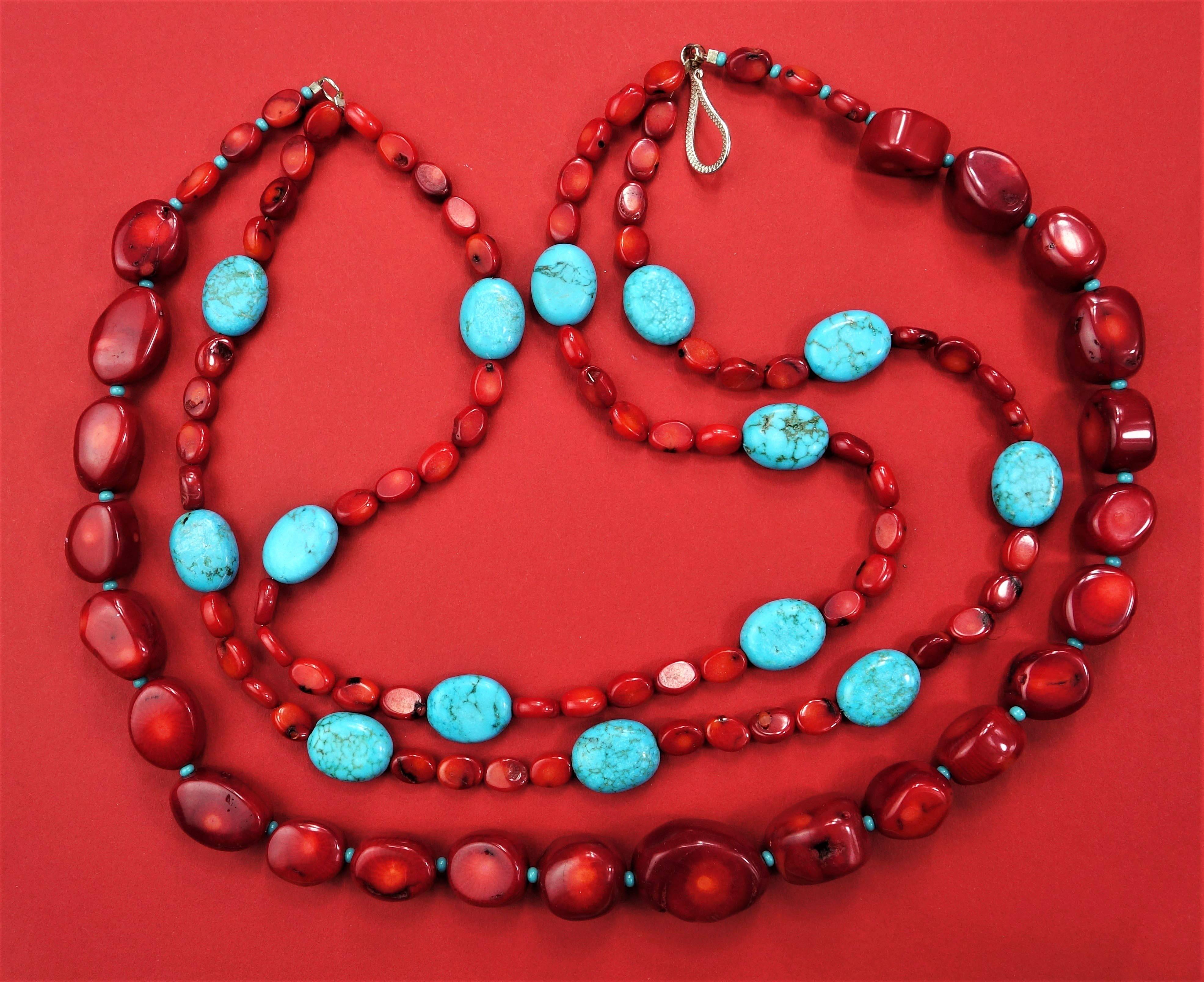 Women's or Men's Gemjunky Statement Coral and Turquoise Triple Strand Necklace