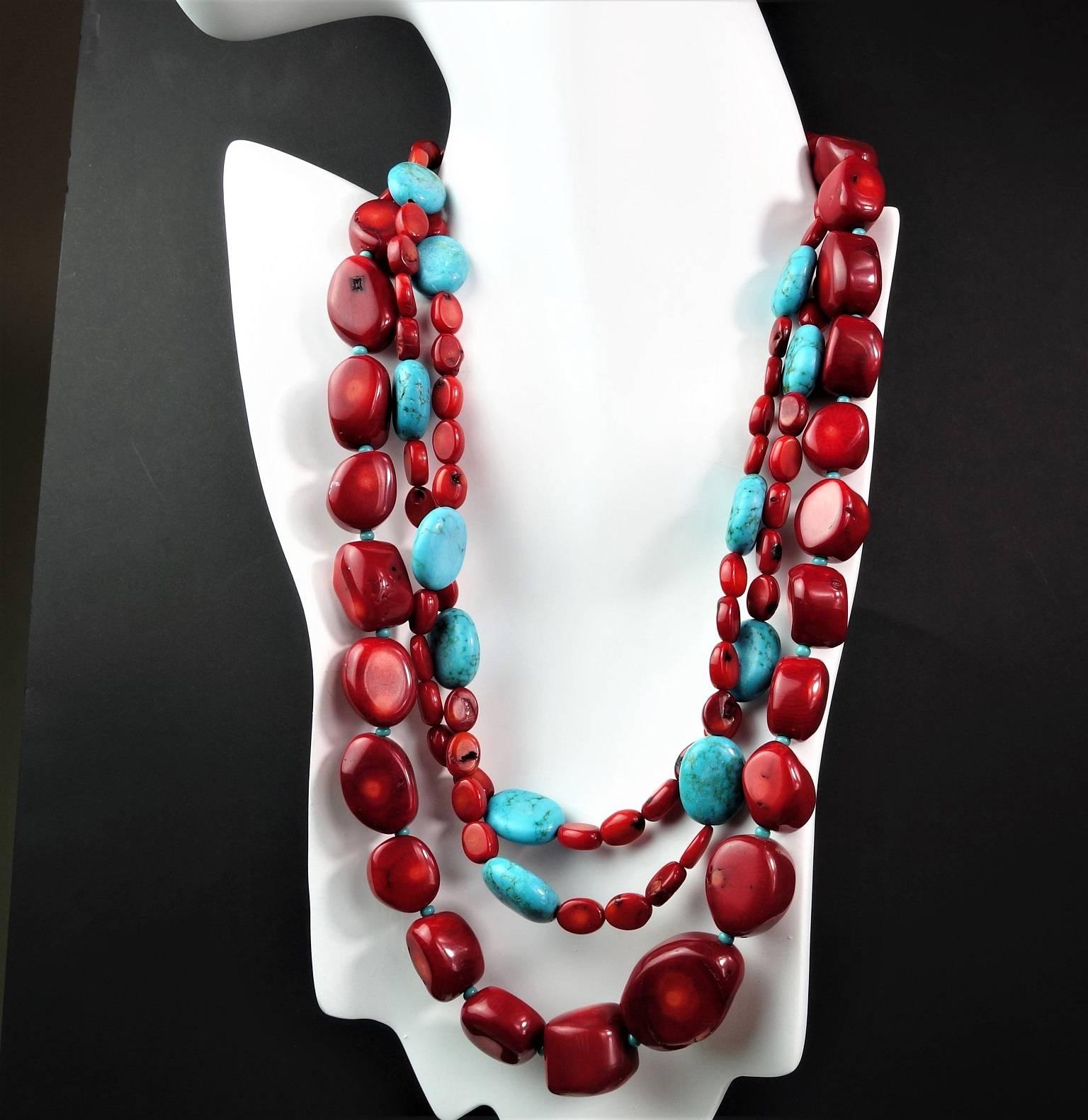 Artisan Gemjunky Statement Coral and Turquoise Triple Strand Necklace