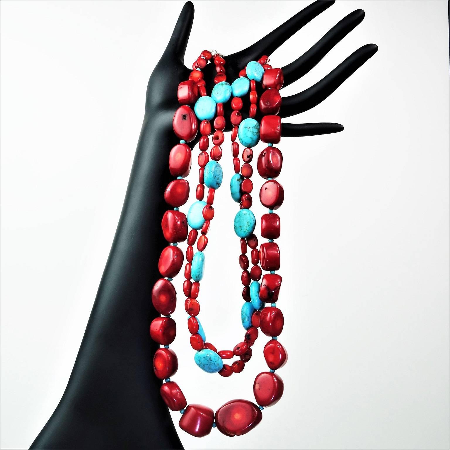 Bead Gemjunky Statement Coral and Turquoise Triple Strand Necklace
