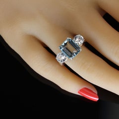 AJD Sparkling Emerald Cut Aquamarine and Genuine Zircon Ring  March Birthstone