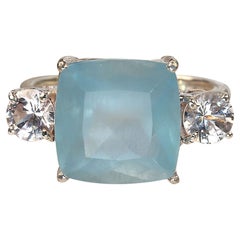 AJD Square Sea Blue Aquamarine and Cambodian Zircon Sterling Silver Ring