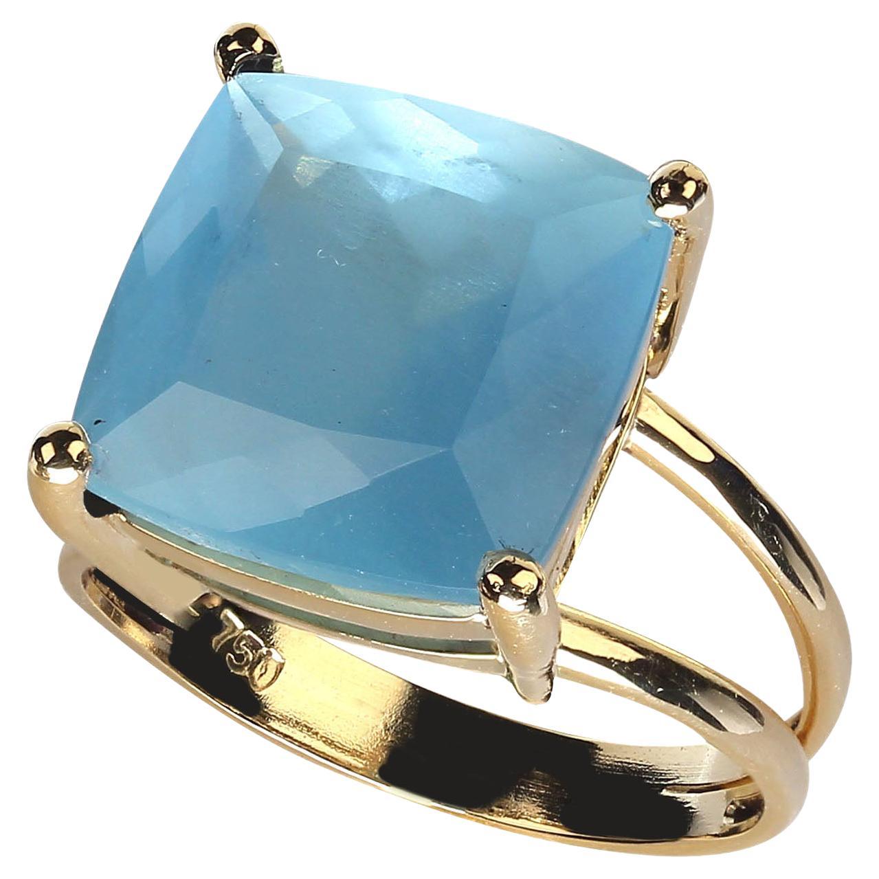 The Sea surely offered up this unique Aquamarine ring for us to love. A square druzy sea blue Aquamarine of 7.83 carats set in handmade 18K rich yellow gold. Aquamarine is in the Beryl family. Also, in the Beryl family you will find in addition to