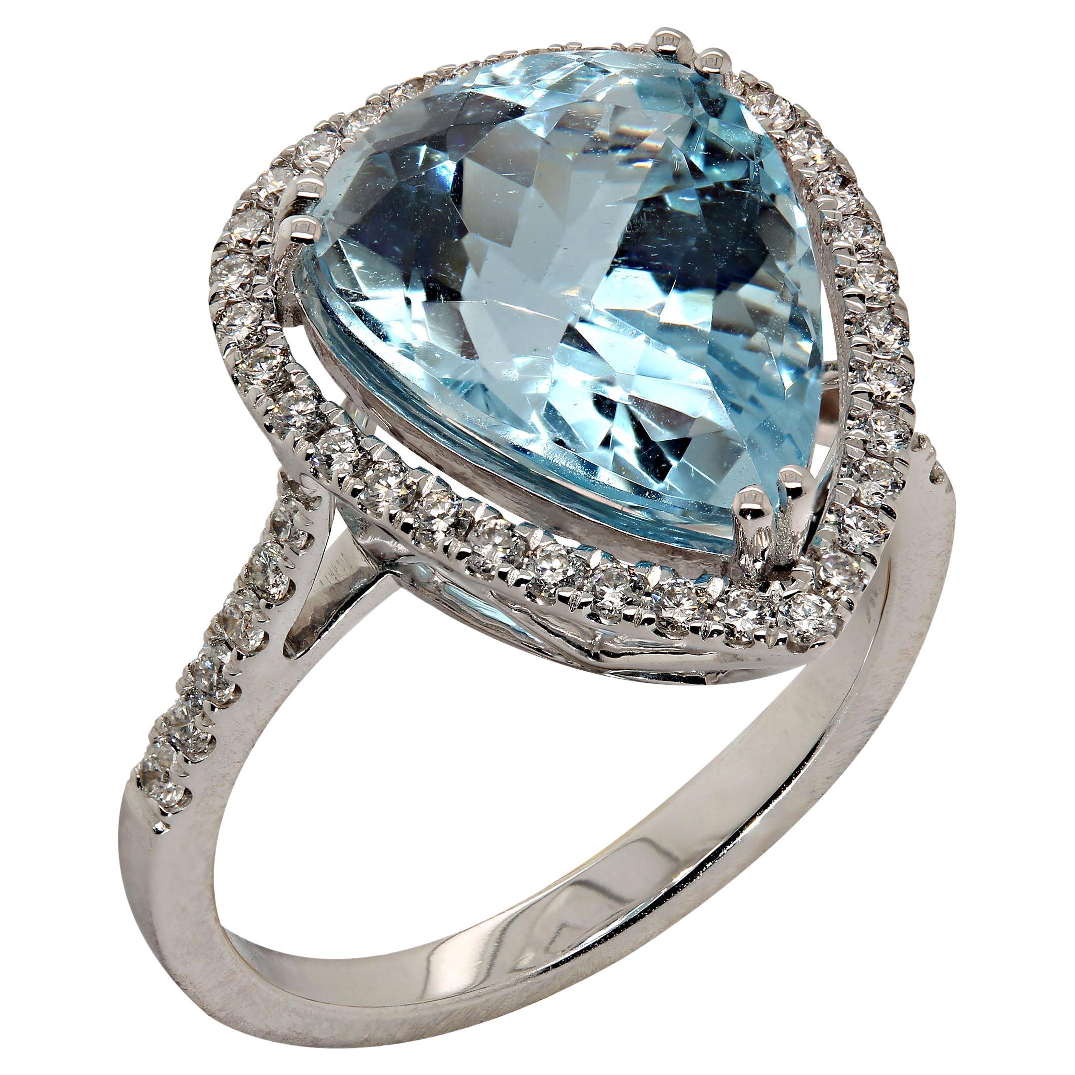 AJD Anillo de Aguamarina Brasileña y Diamante Forma de Pera Piedra de Nacimiento de Marzo Corte pera en venta
