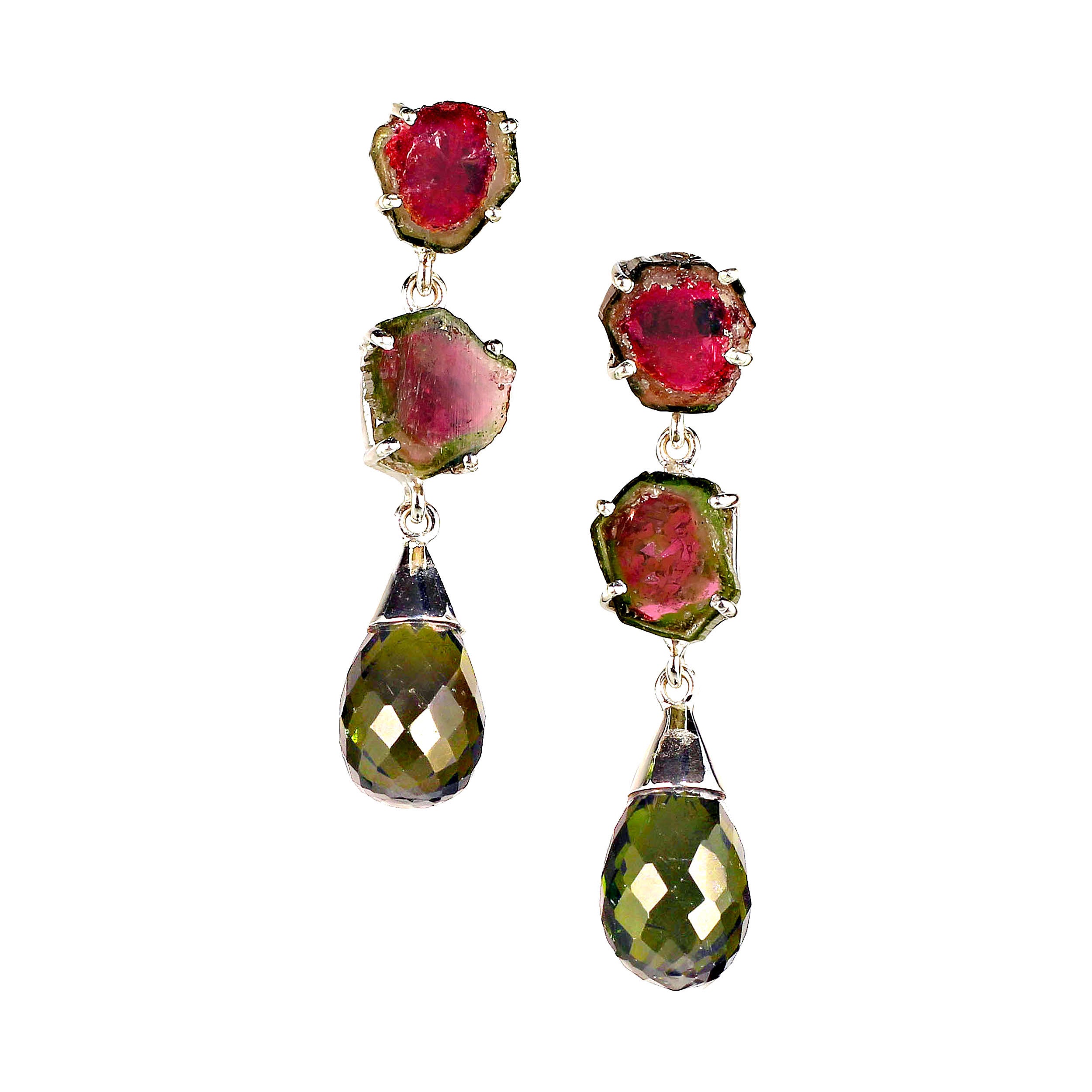 Handmade Sterling Silver Watermelon Tourmaline Dangle Earrings, 1.5"