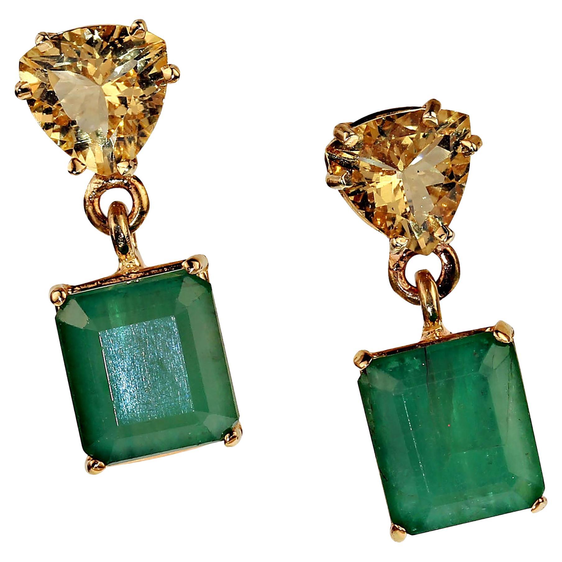 AJD Bold Emerald and Golden Beryl Dangle Earrings in 14K Yellow Gold For Sale