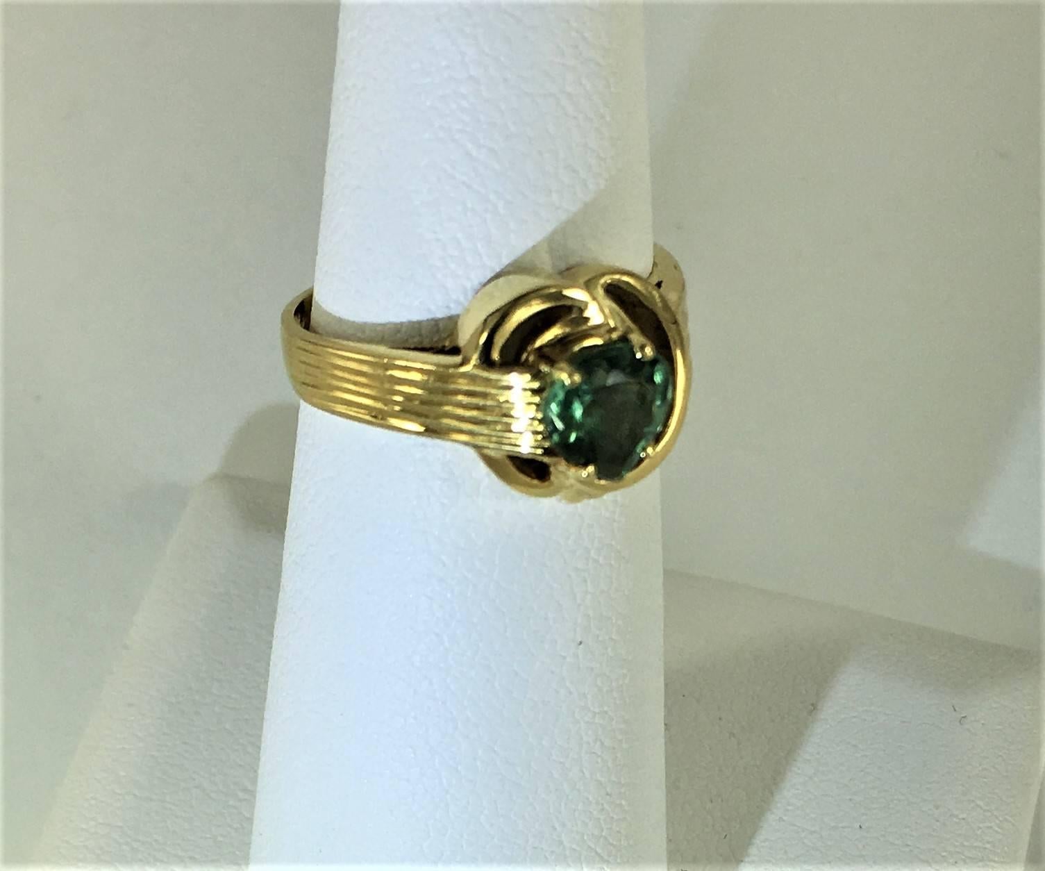 Pear Shape Green Tourmaline Set in Handmade 18kt Gold Ring In Excellent Condition In Raleigh, NC