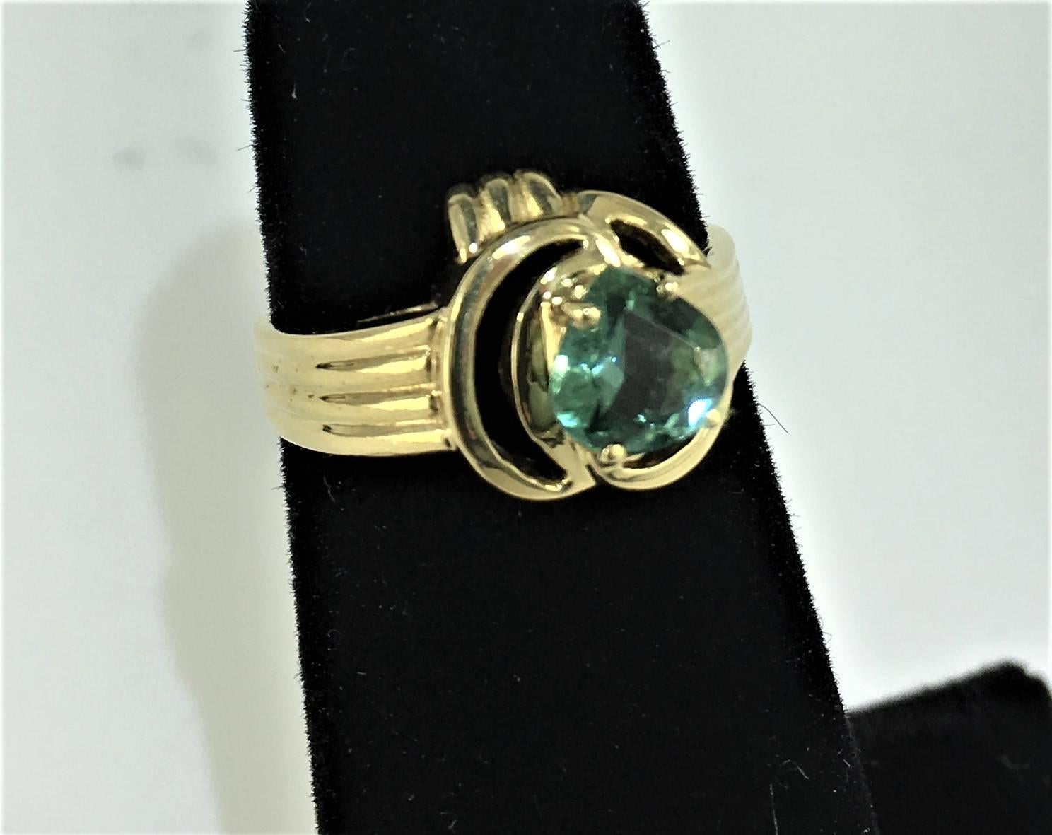 Women's Pear Shape Green Tourmaline Set in Handmade 18kt Gold Ring
