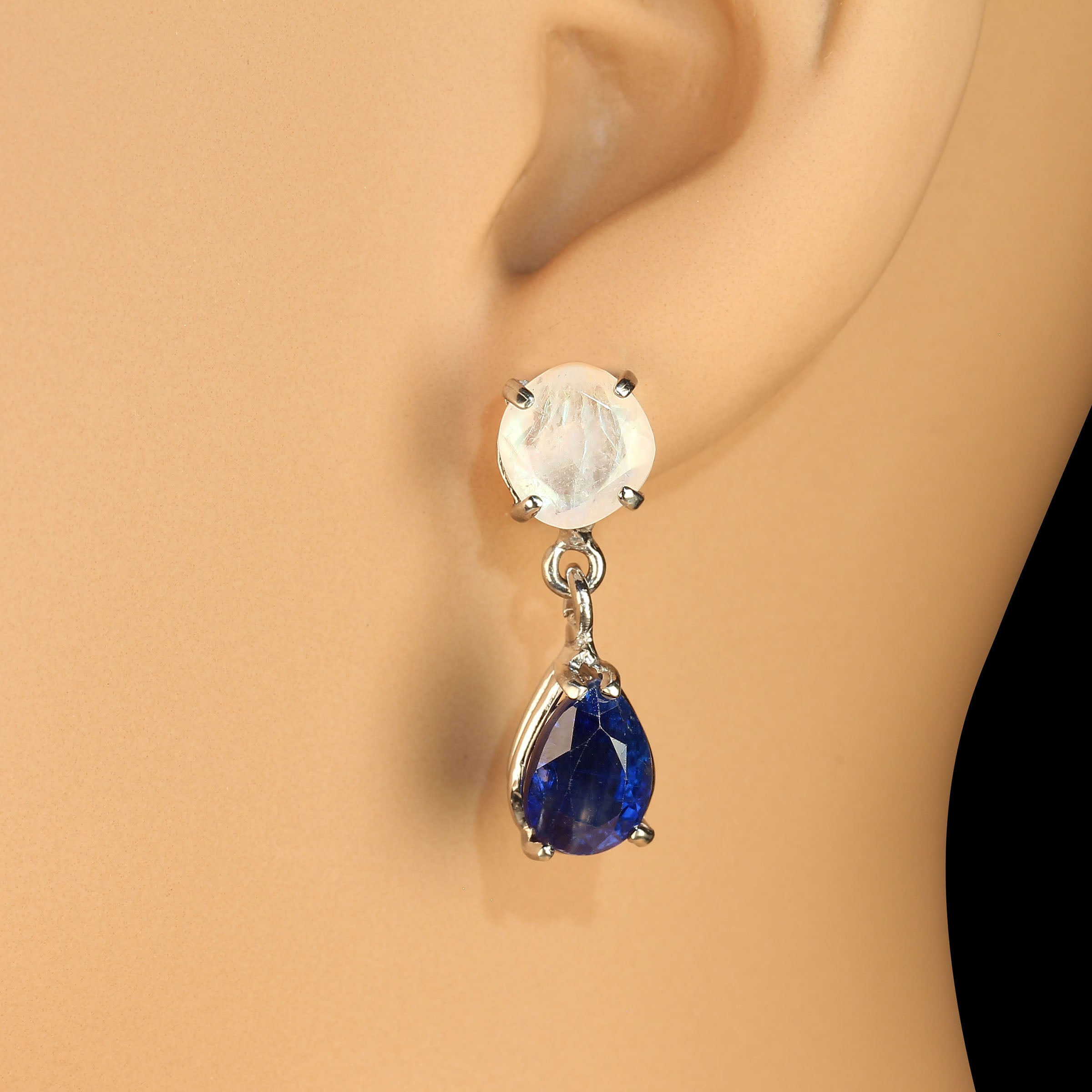 AJD Elegant Moonstone and Kyanite Earrings in 14K Glowing White Gold
