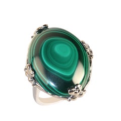 AJD Bague en or blanc 14 carats avec cabochon ovale de malachite