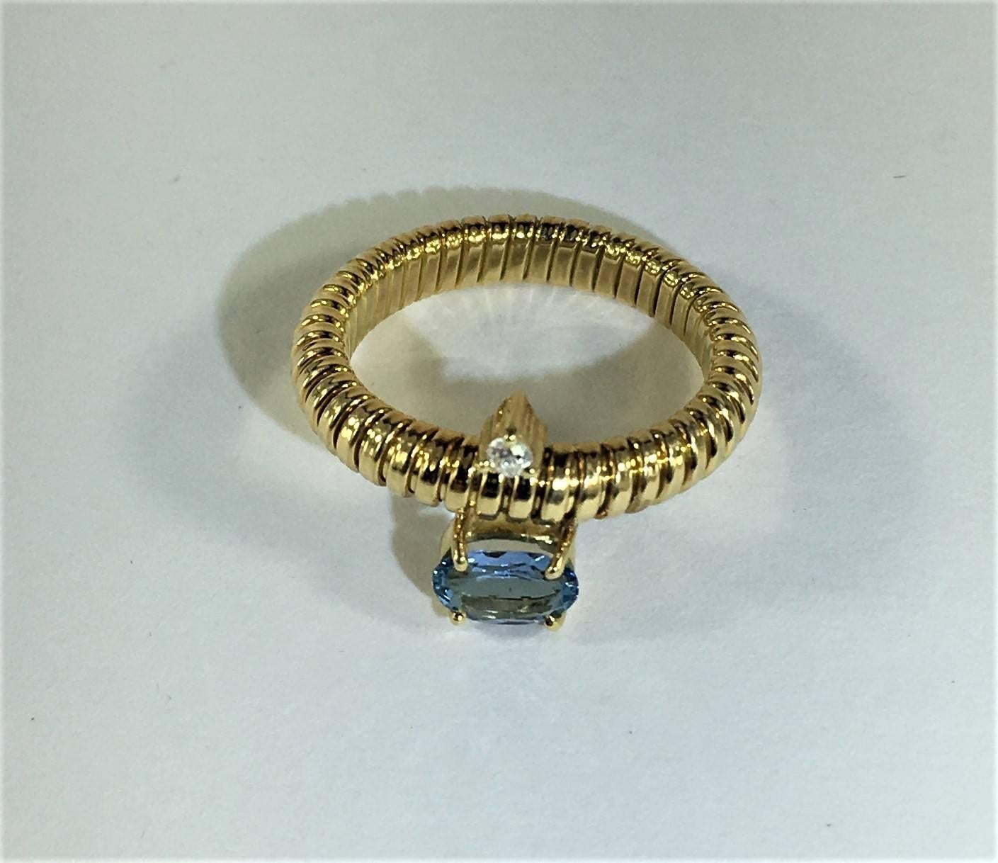 Romantic Aquamarine & Diamond Set in Handmade Flexible 18kt Gold Ring