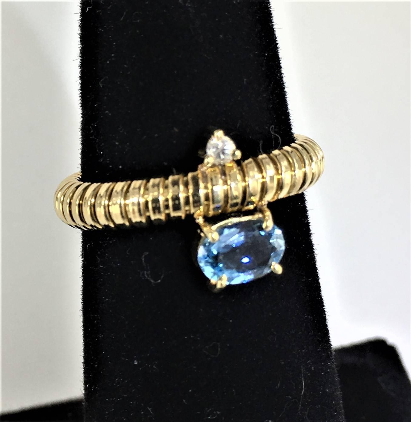 Aquamarine & Diamond Set in Handmade Flexible 18kt Gold Ring 1