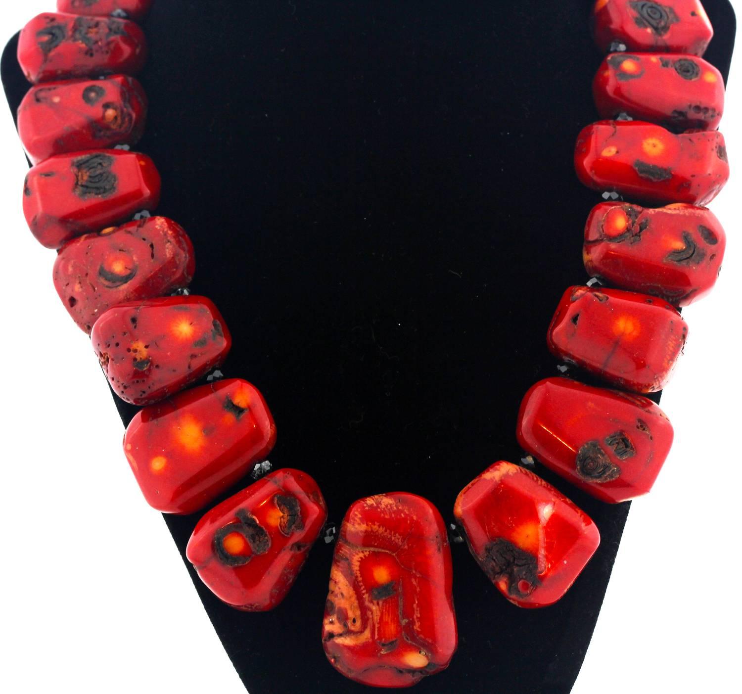 Women's or Men's Graduated Natural Coral and Spinel Necklace