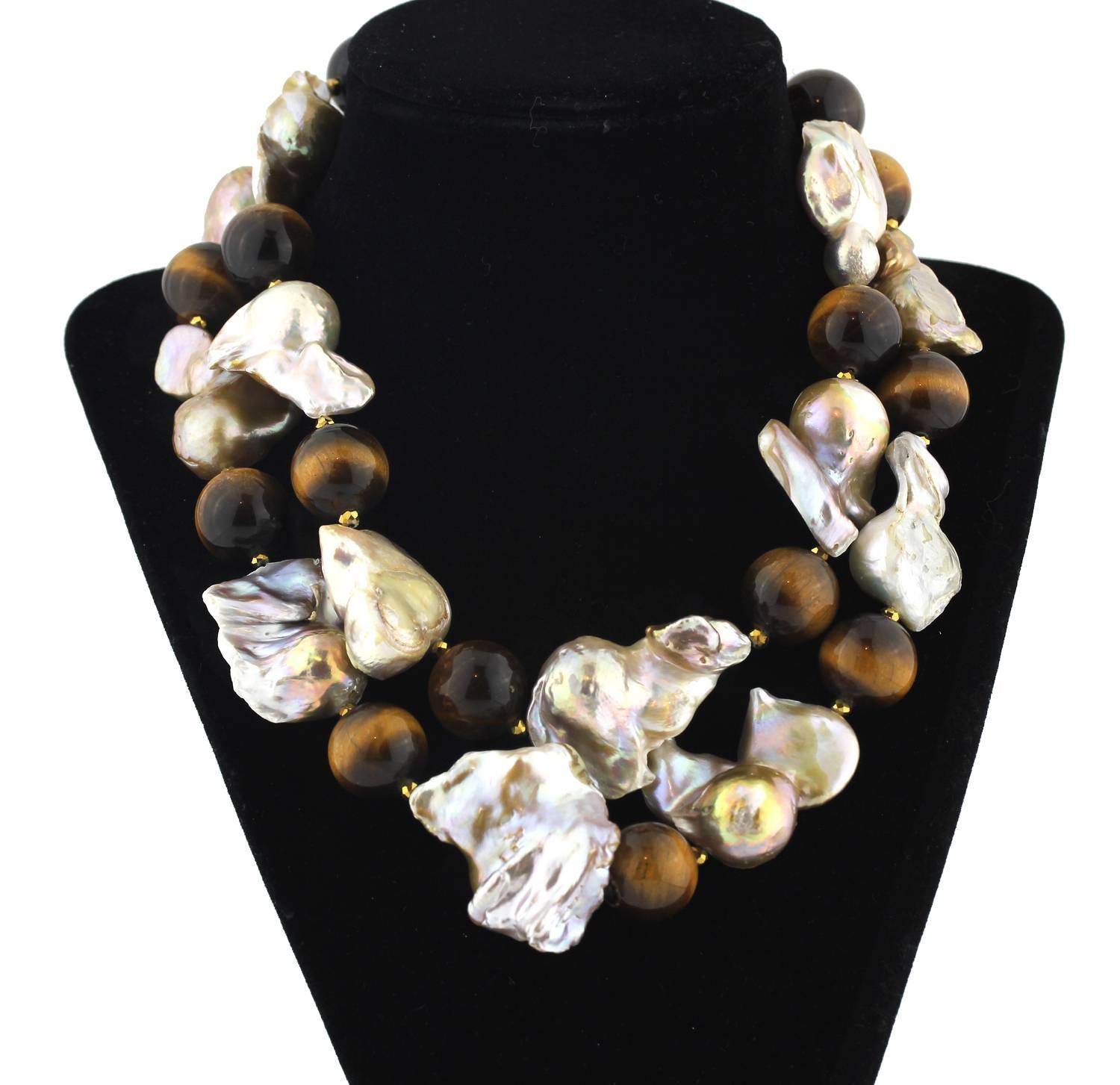 Tiger Eye & Baroque Pearl Double Strand Choker Necklace In Excellent Condition In Raleigh, NC