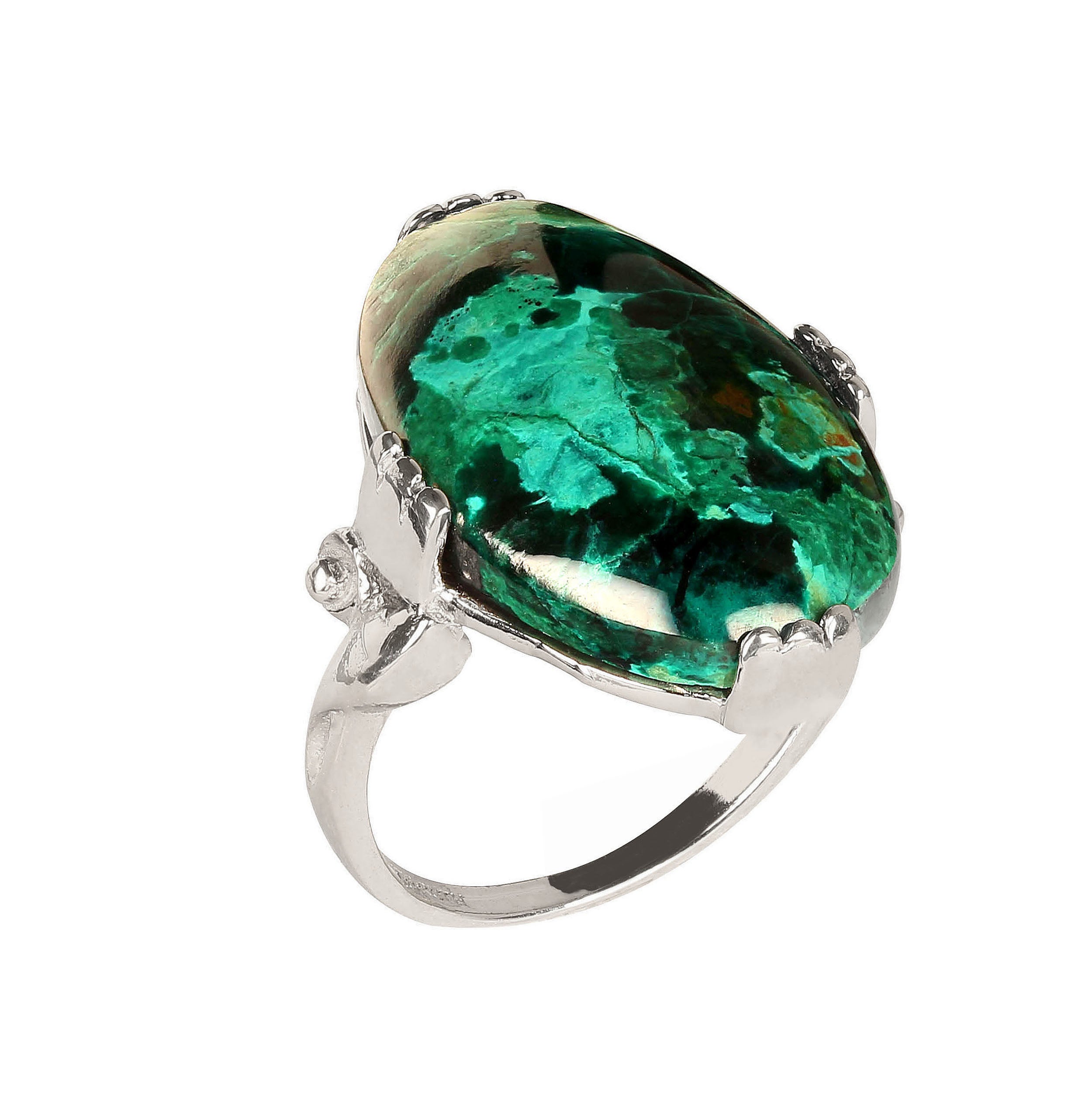 Elegant 14K White Gold Chrysocolla Cabochon Ring, 12.58 Carats For Sale