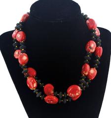 AJD Super Chic Double Strand of Red Bamboo Coral & Black Onyx Necklace