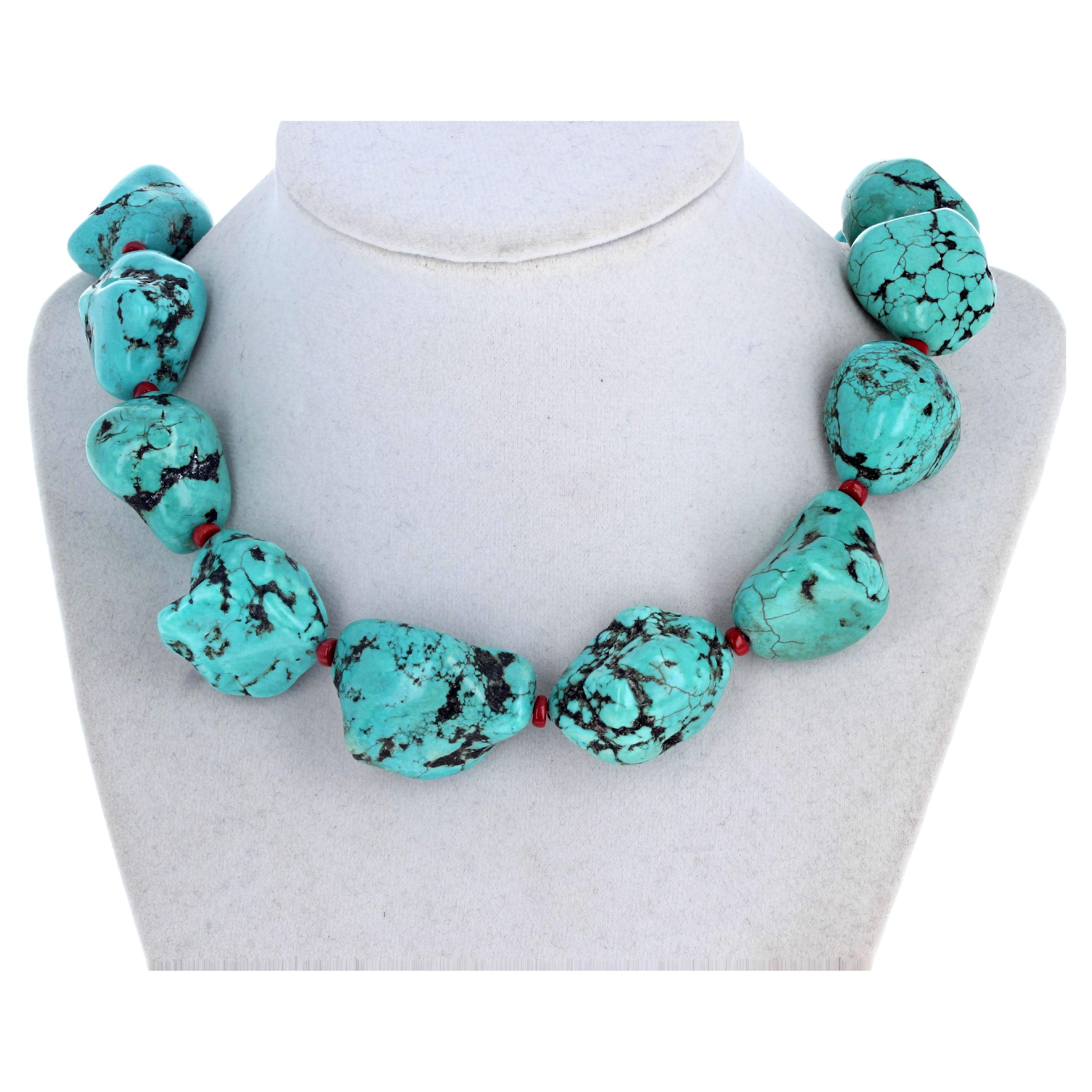 AJD Beautiful Polished Chunky Dramatic Real Turquoise & Red Coral Necklace