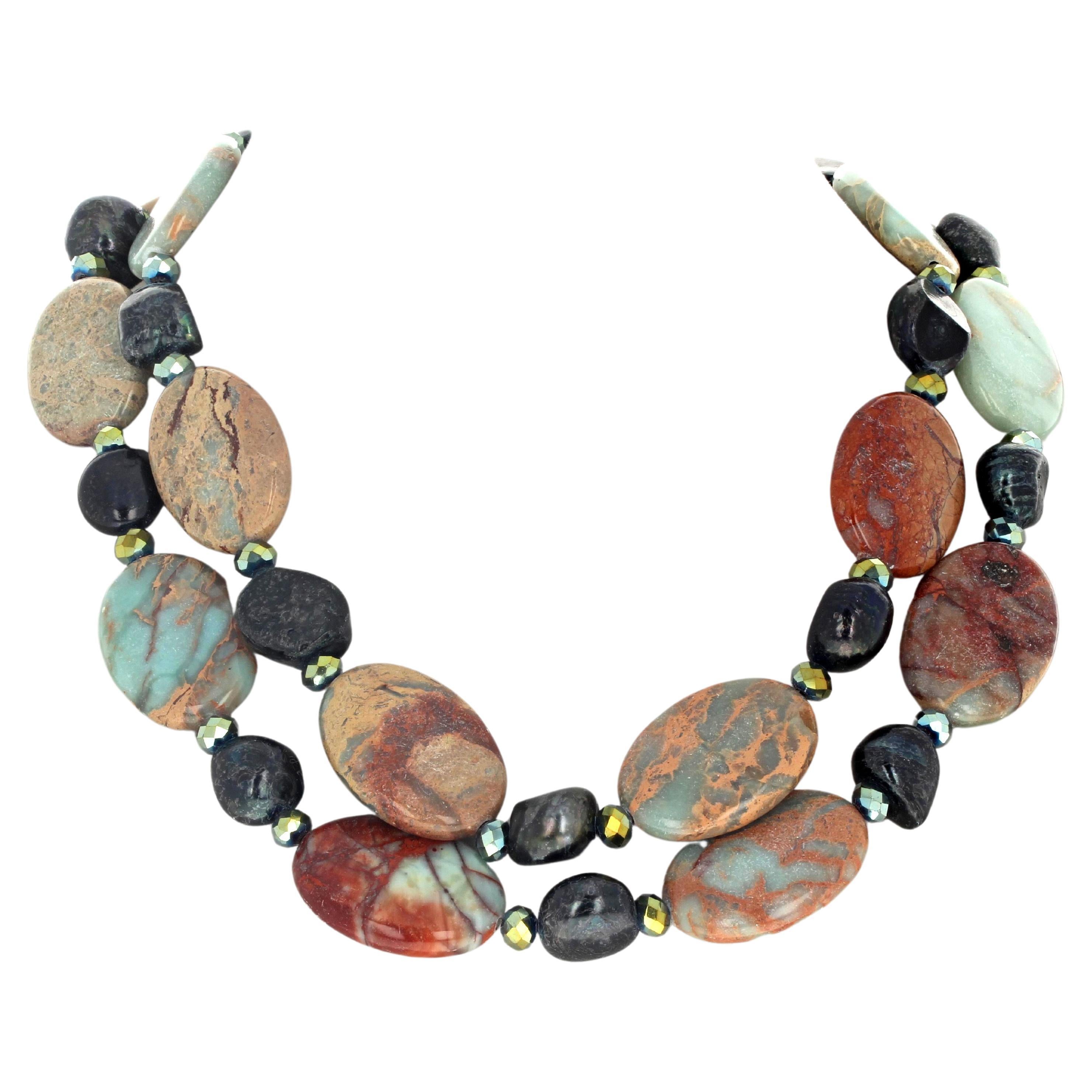 AJD Beautiful Natural Serpentine and Black Obsidian Double Strand Necklace For Sale