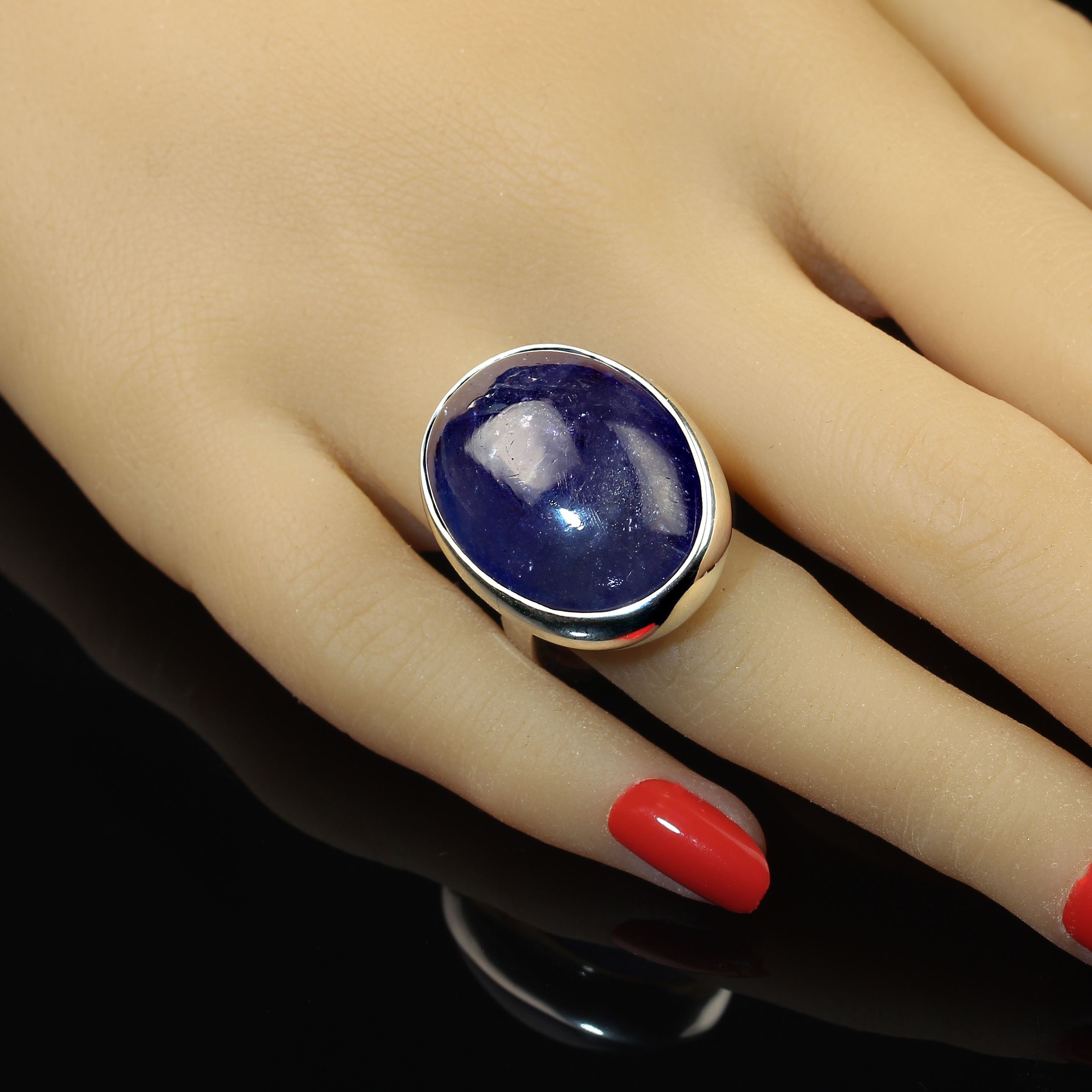 AJD Terrific Tanzanite Oval Cabochon in Sterling Silver Ring