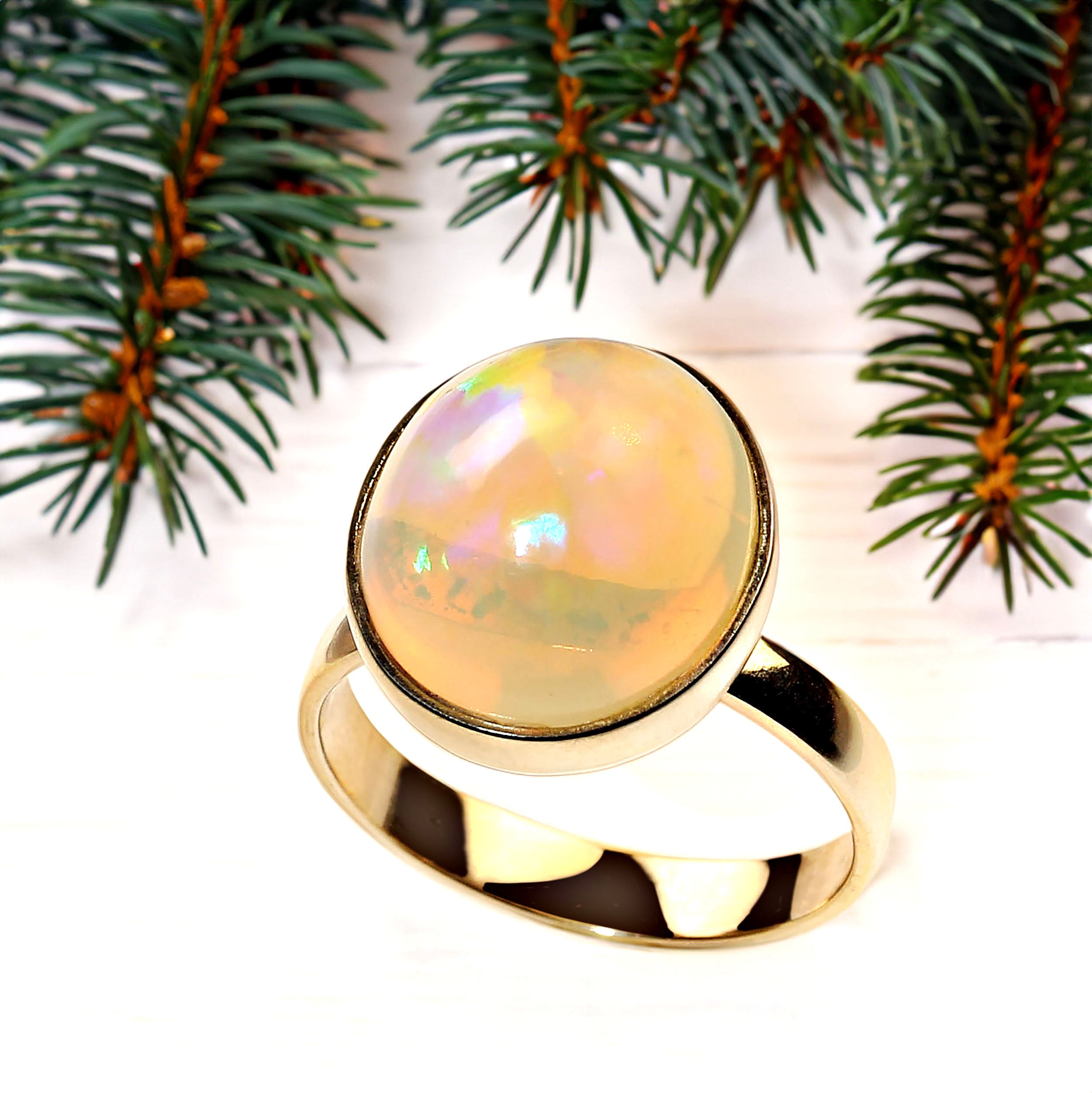 AJD Delightful Round Opal in 18KT Yellow Gold Ring For Sale
