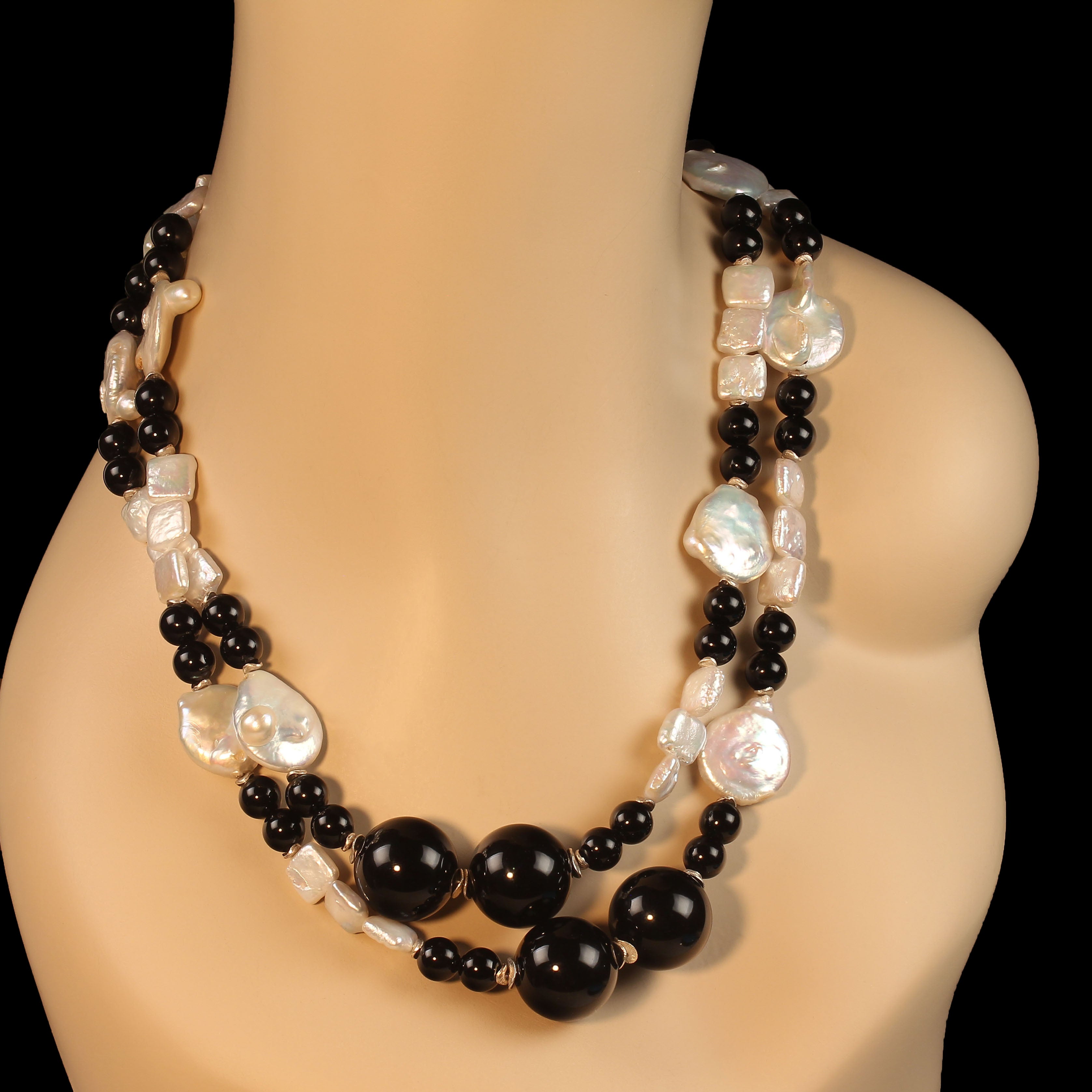 AJD  Elegant 45 Inch Black and White Pearl and Onyx Necklace For Sale