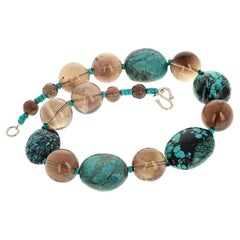 Magnifica collana con turchese naturale e quarzo fumé reale da 17".