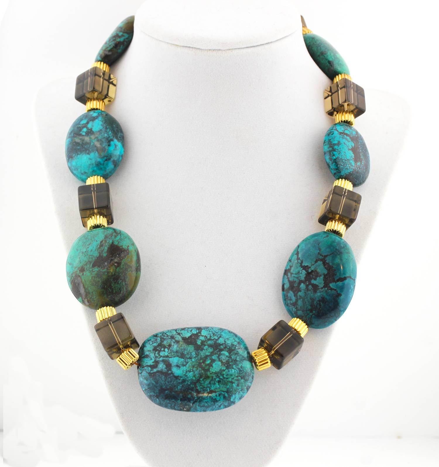 Blue-green Turquoise & Smoky Quartz Necklace In New Condition In Raleigh, NC
