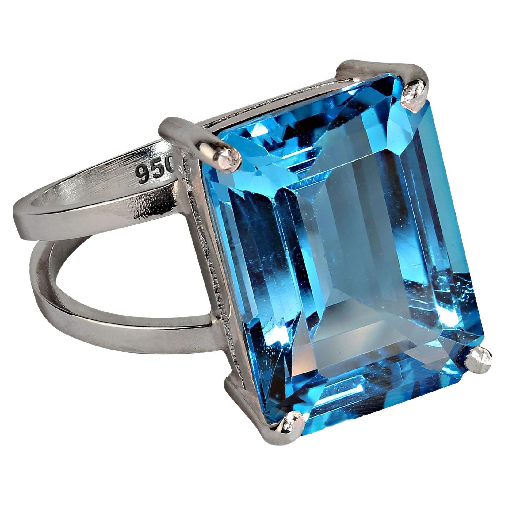 AJD Elegant Emerald Cut Swiss Blue Topaz, 11.74 Carat, in Sterling Silver Ring