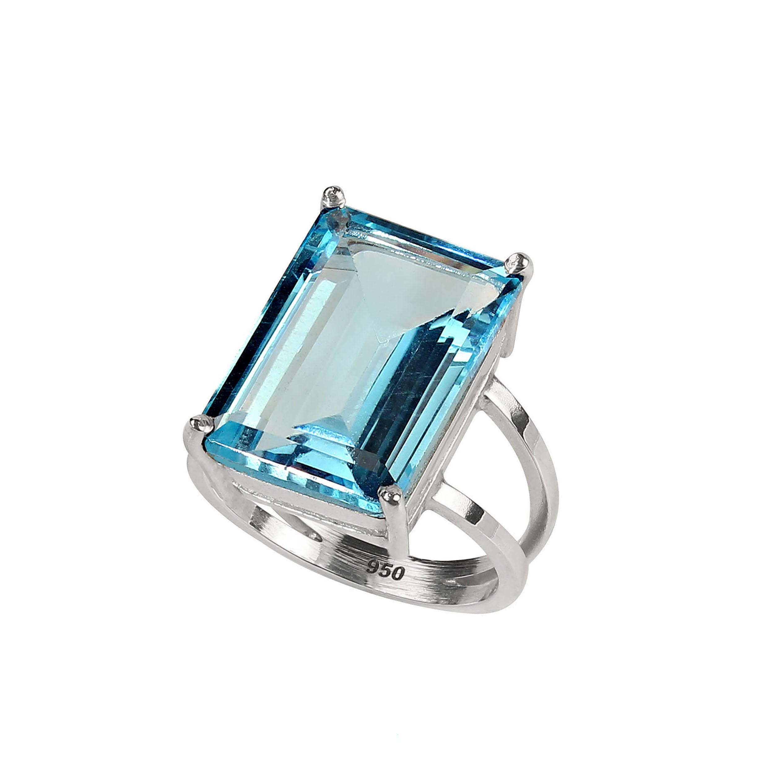 AJD Exciting 16 Carat Emerald Cut Sky Blue Topaz and Sterling Silver Ring