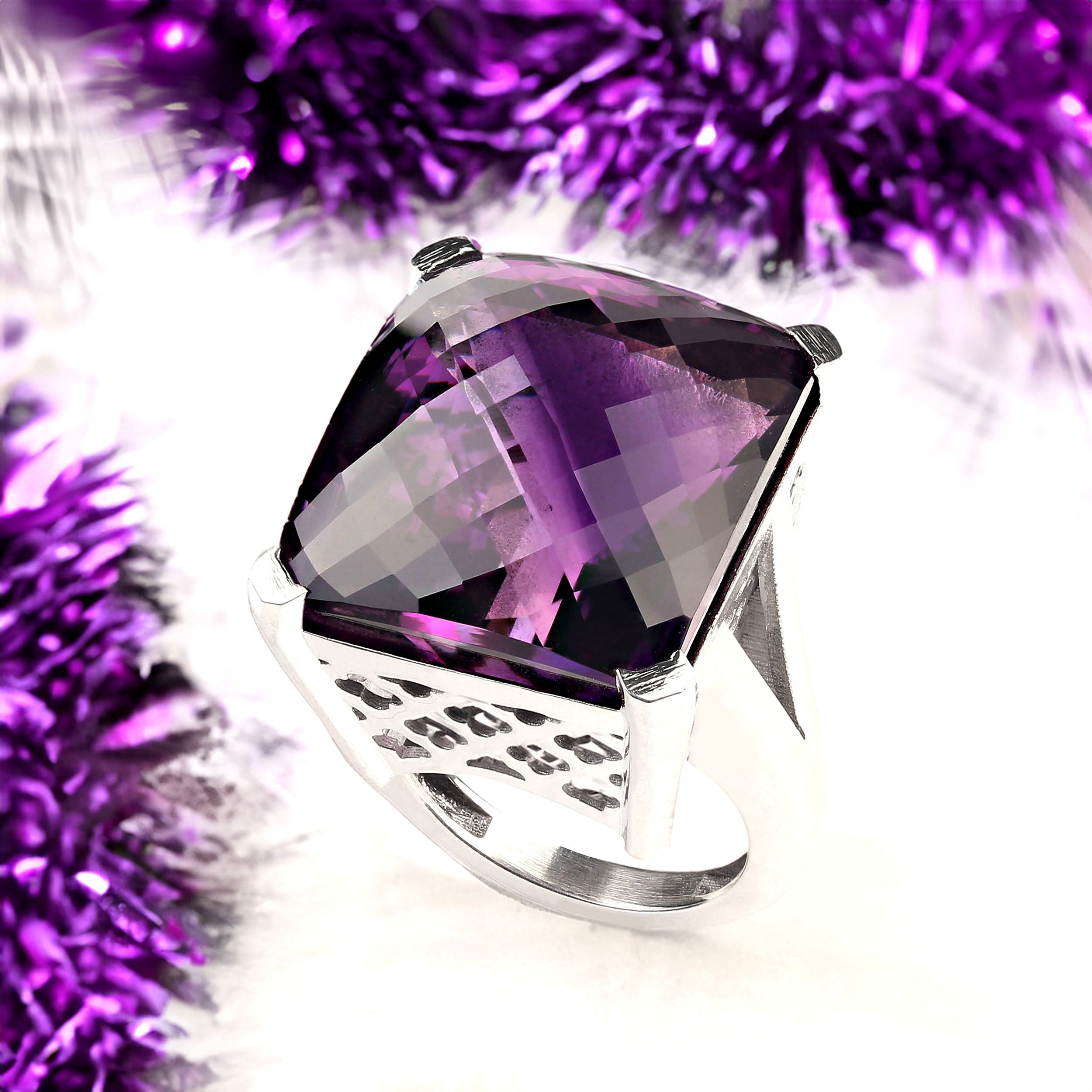 AJD 56Ct Square Awe-Inspiring Amethyst  Sterling Silver Ring February Birthstone In New Condition In Raleigh, NC