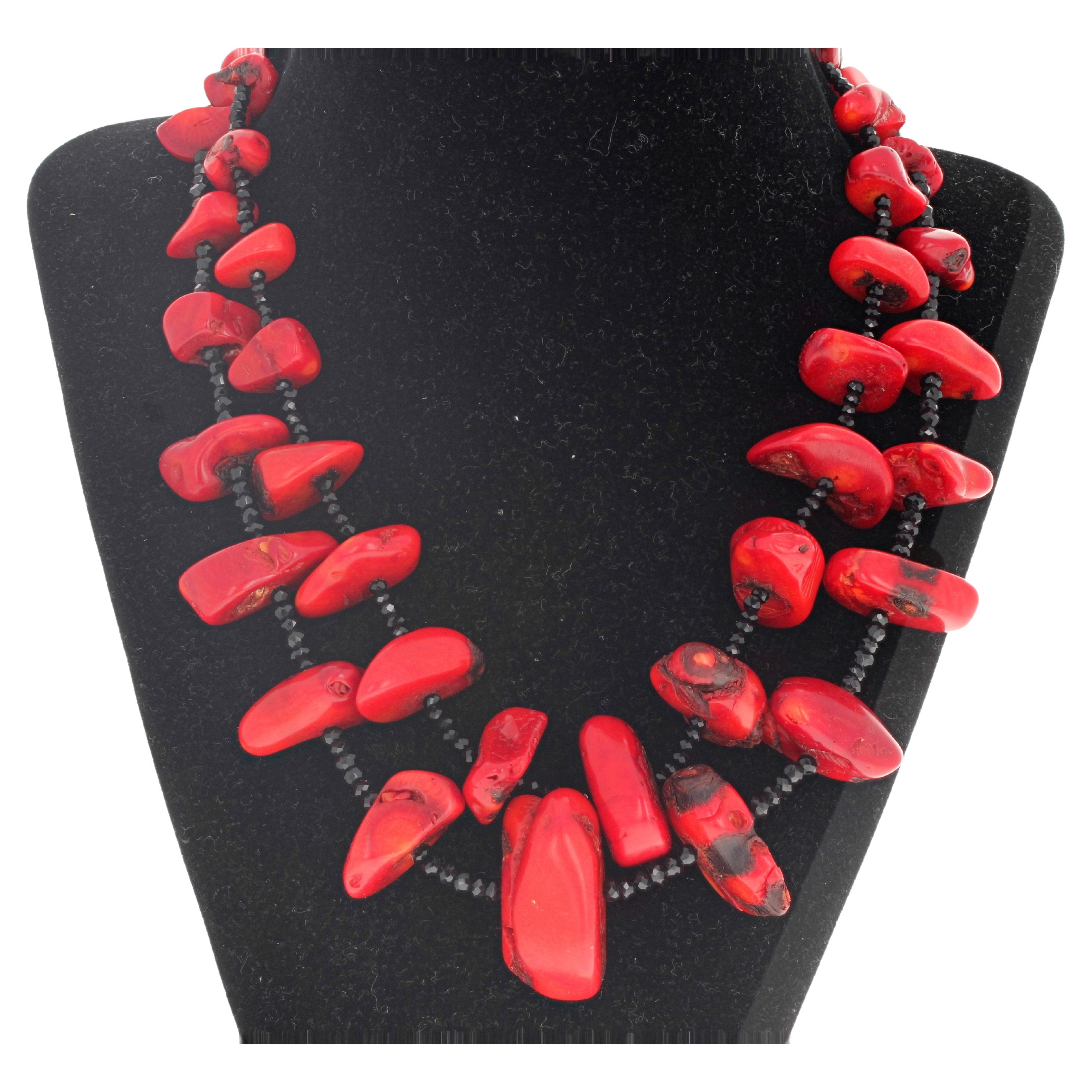 AJD Real Coral Chunks & Real Gemcut Natural Sparkling Black Onyx Necklace