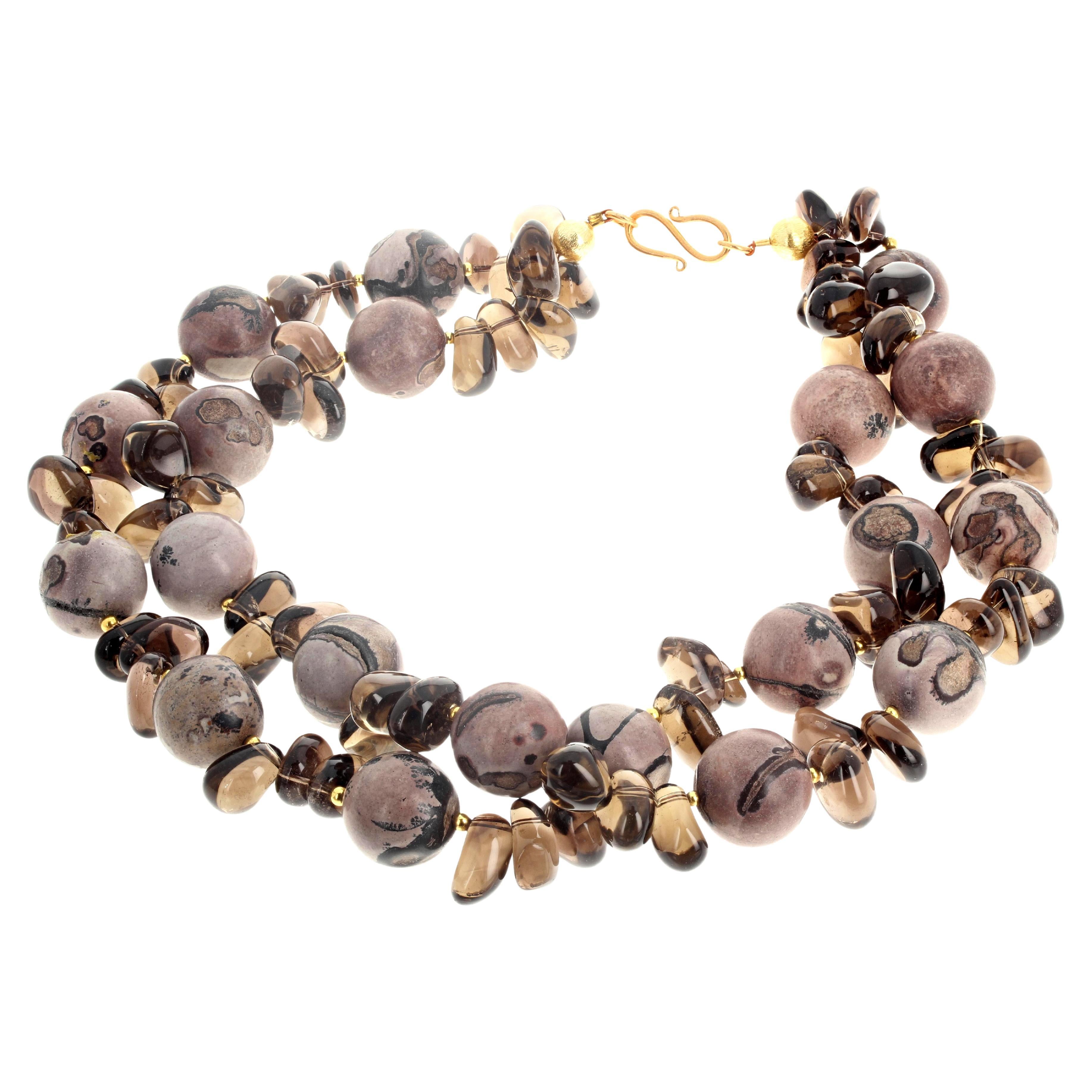 AJD Collana a doppio filo di affascinante diaspro naturale e quarzo fumé reale