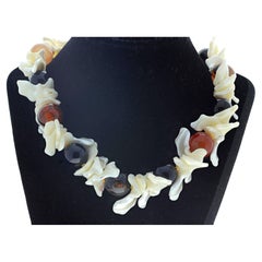 AJD Natural Highly Polished Spiderweb Jasper & Pearl Shell 18" Elegant Necklace