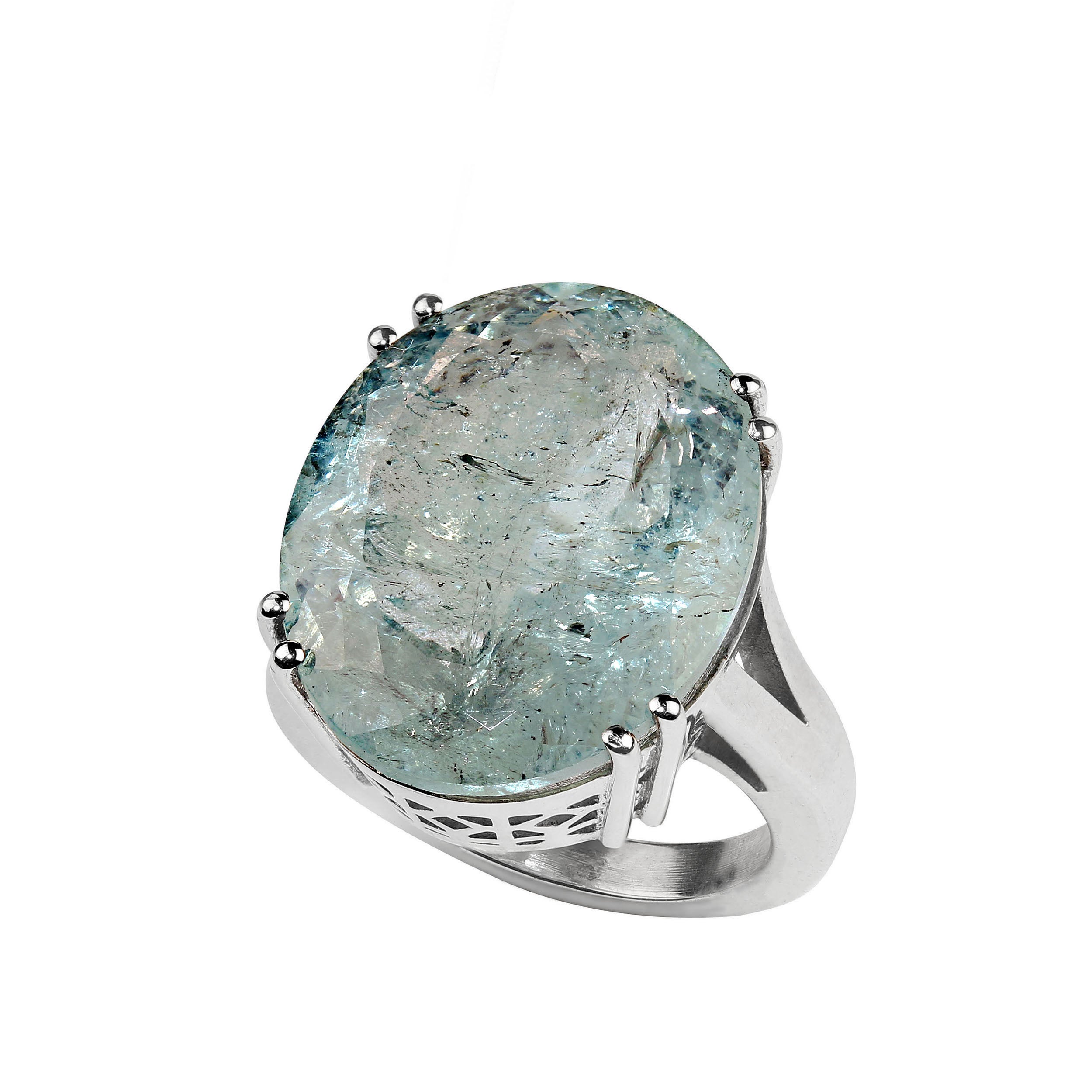 AJD 25 Carat Blue-Green Oval Beryl Set in Elegant Sterling Silver Ring