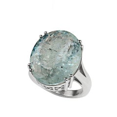AJD 25 Carat Blue-Green Oval Beryl Set in Elegant Sterling Silver Ring