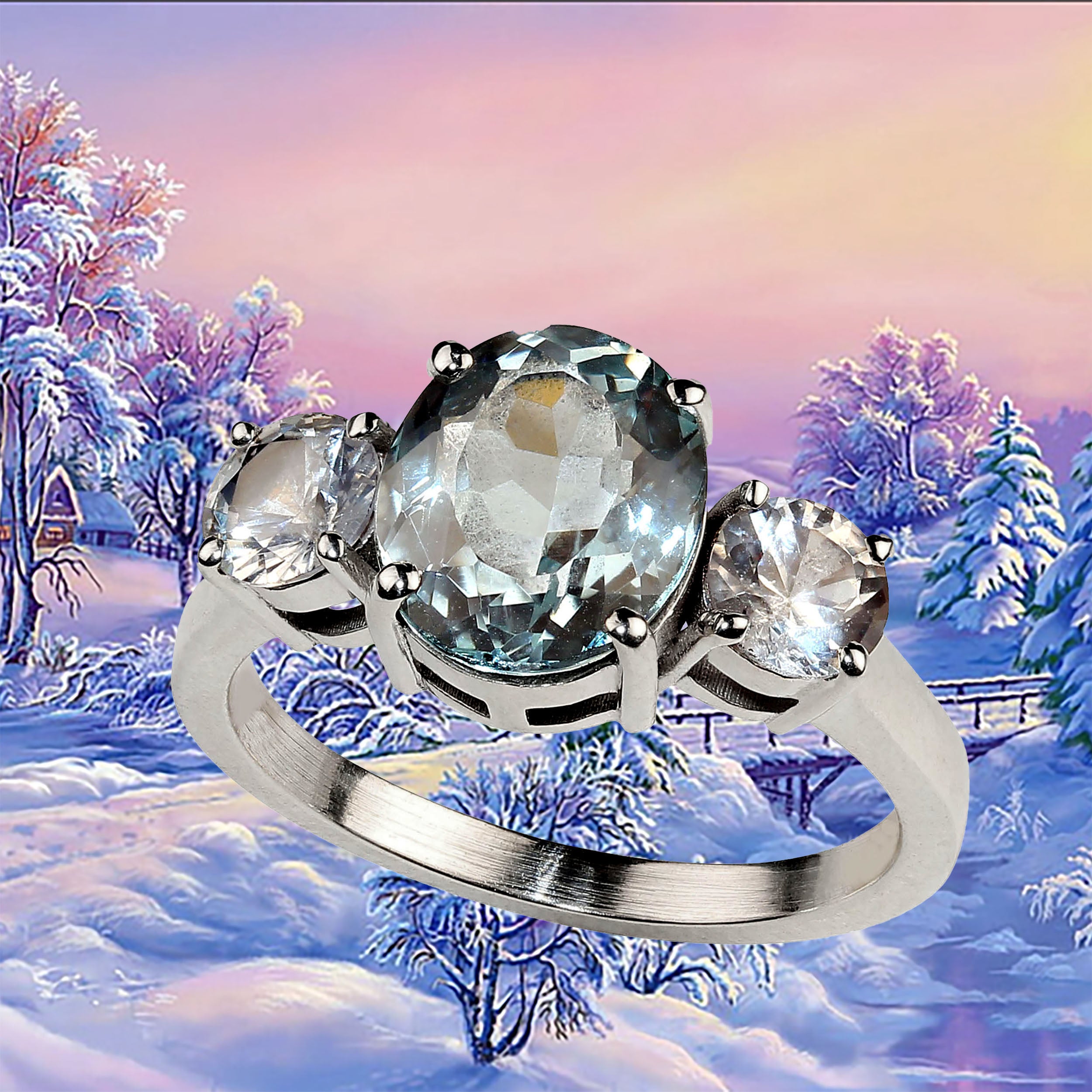 Ring mit zartem 3 Karat ovalem Aquamarin von AJD, akzentuiert durch weiße Saphire