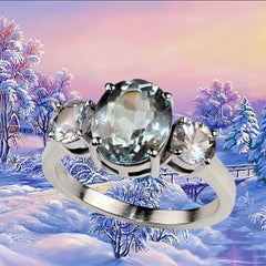 AJD Delicato anello con acquamarina ovale da 3 carati e zaffiri bianchi