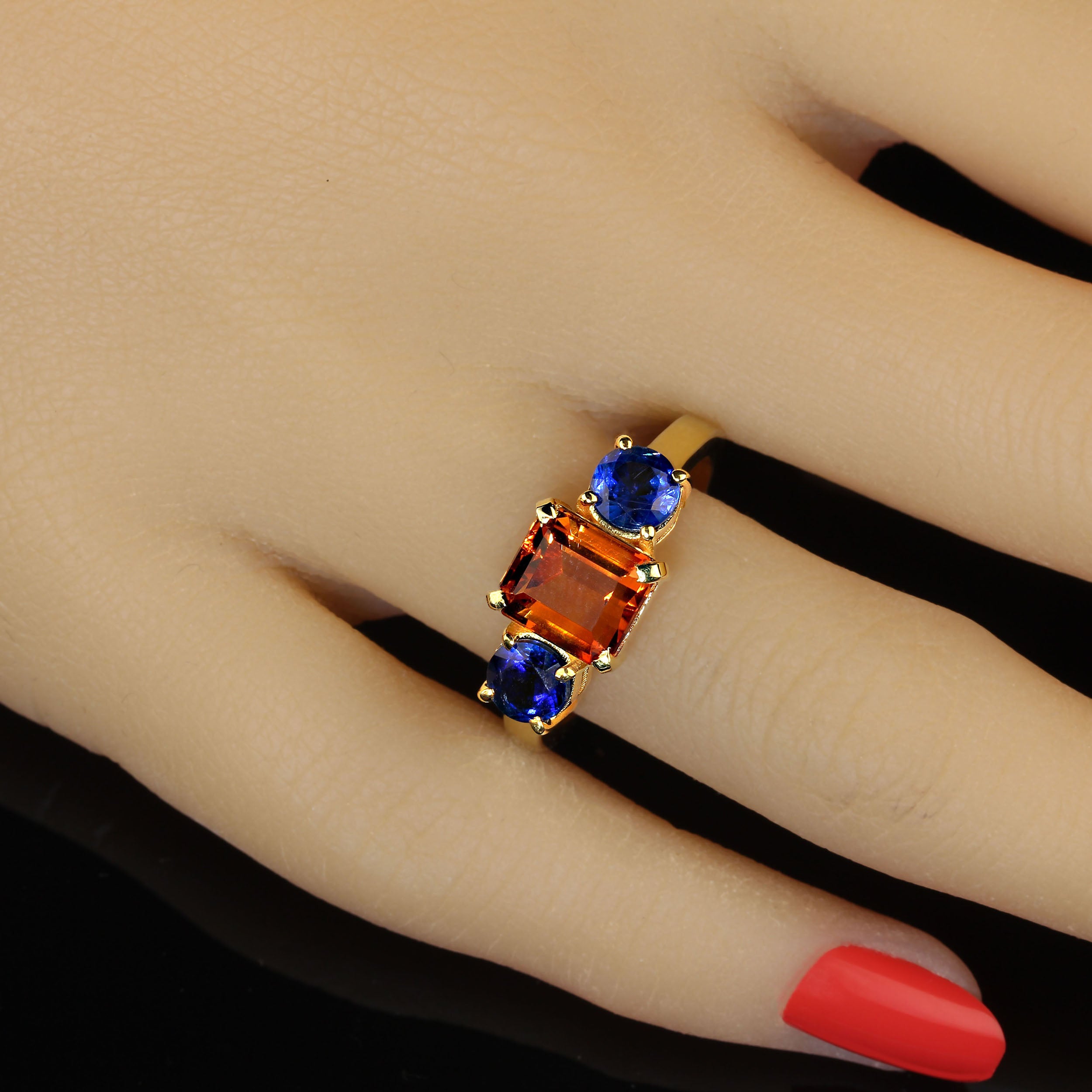 AJD Elegant Emerald Cut Citrine Accented with Round Blue Kyanite Ring For Sale