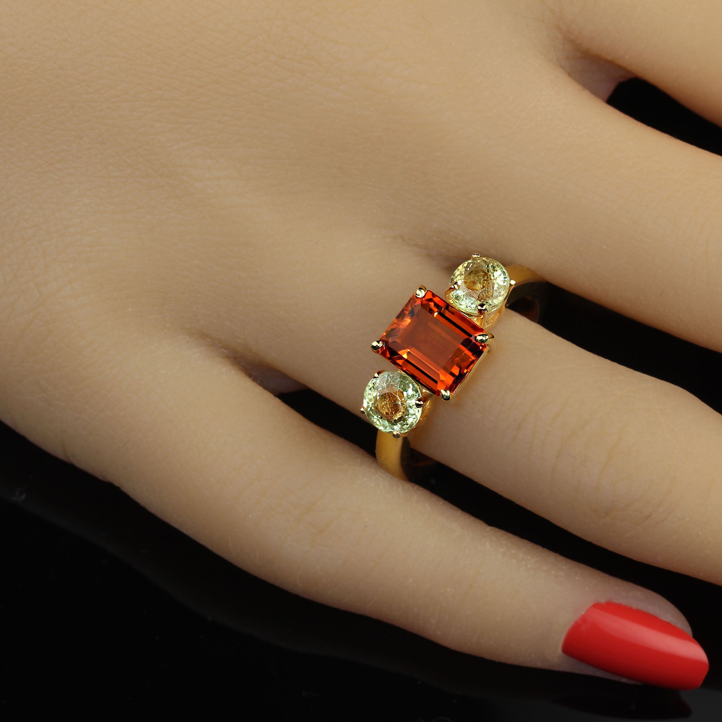 AJD Gorgeous Citrine and Rare Mali Green Garnet 3 Stone Ring For Sale