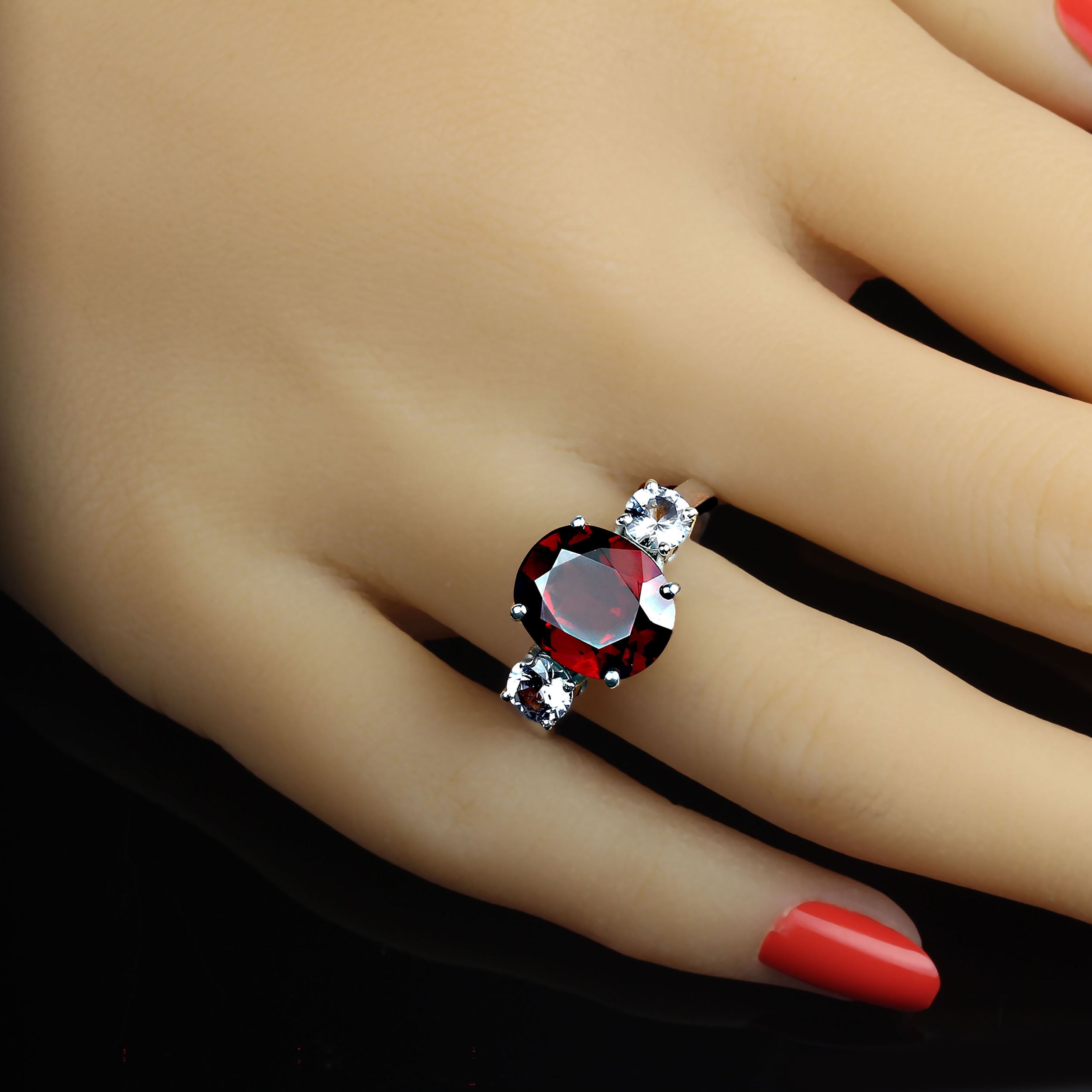 AJD Classic Three Stone Ring of Gorgeous Garnet and White Sapphires For Sale