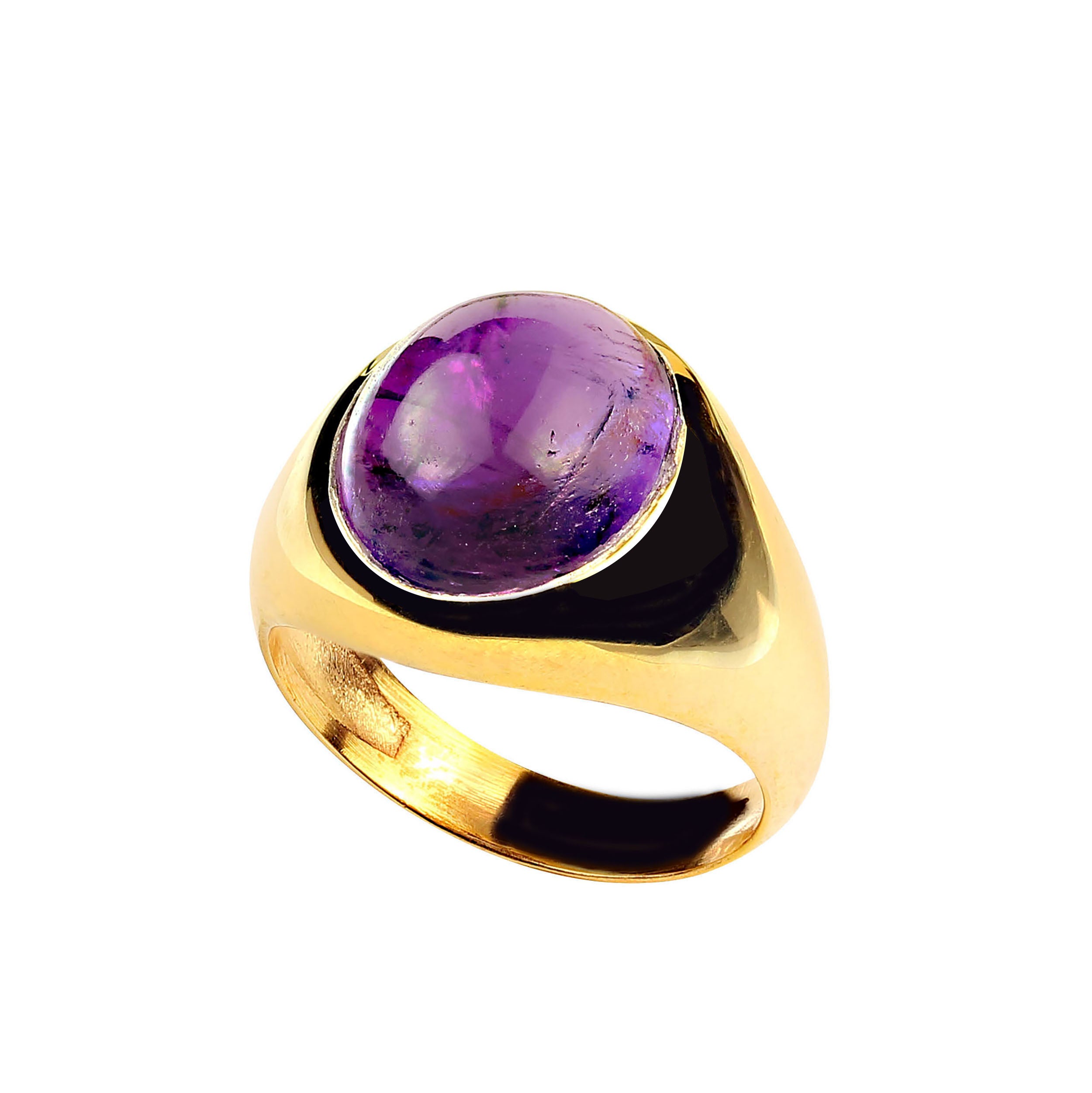 Elegant ring of oval Amethyst cabochon of 8.28ct in a custom bezel setting of gold rhodium over Sterling Silver.  The ring is perfect for daily and on into evening wear. Amethyst is the February birthstone and is said to protect from intoxication