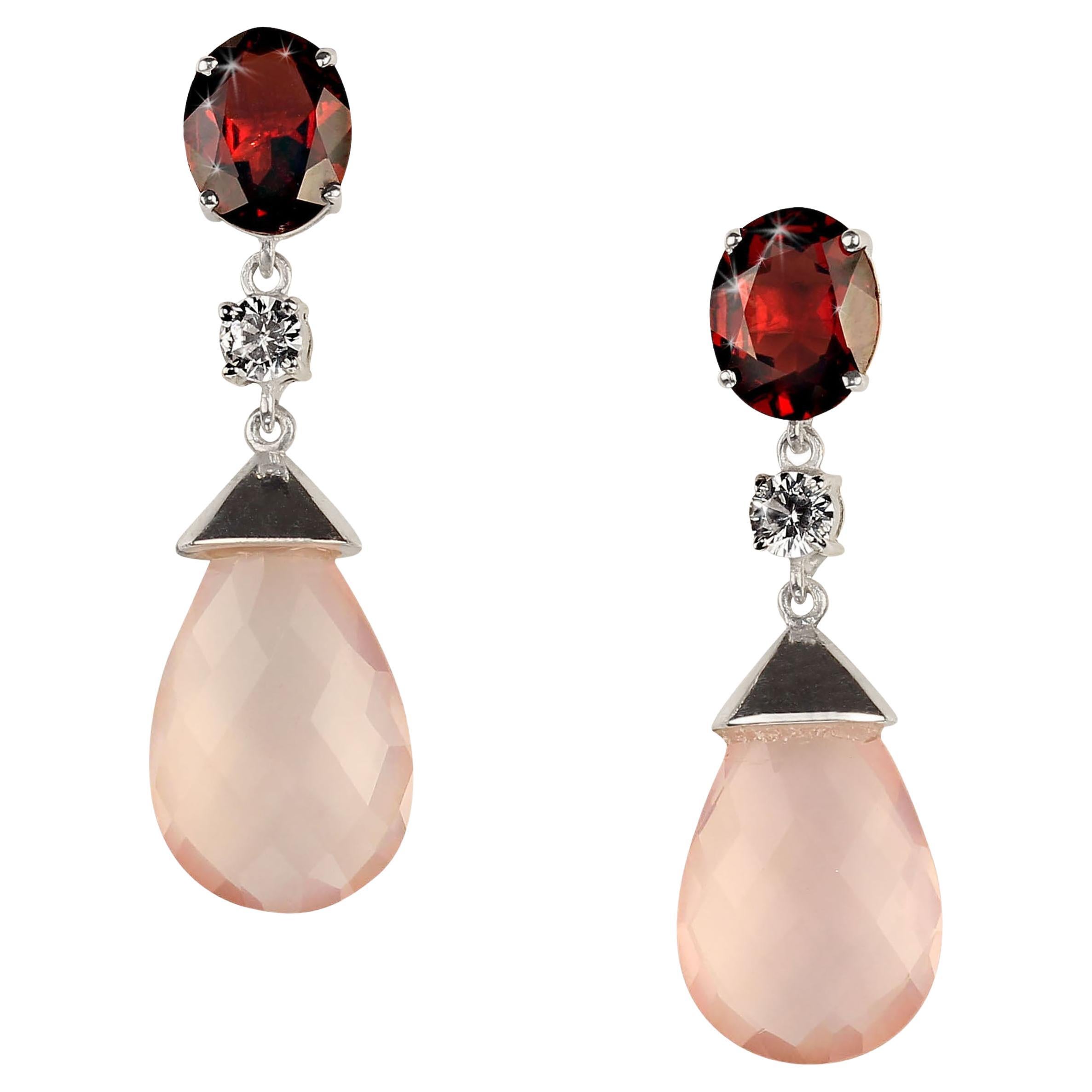 Romantische Ohrringe aus Rosenquarz und Granat in Sterlingsilber von AJD (Kunsthandwerker*in) im Angebot