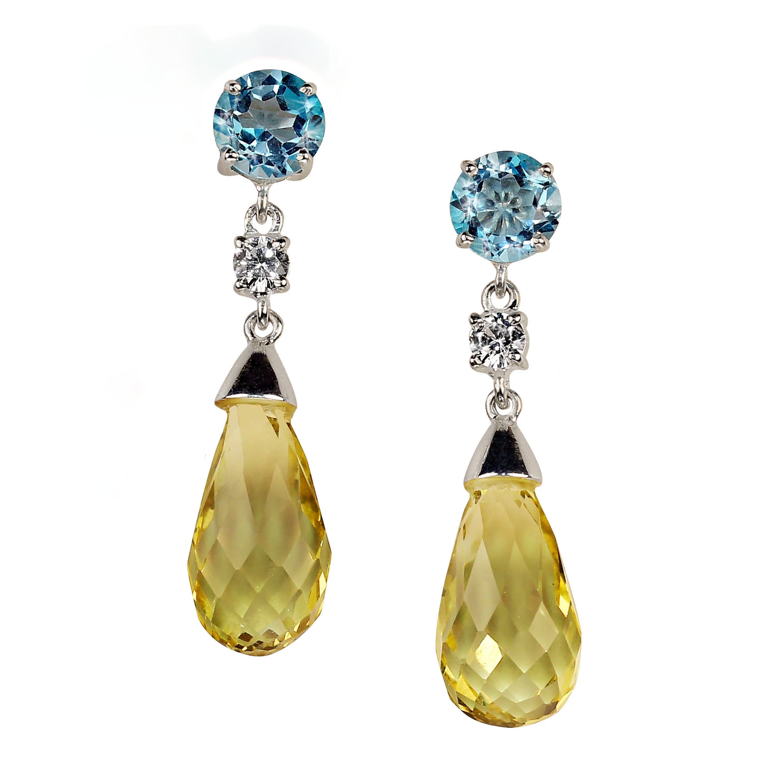 AJD Elegant Dangle Lemon Quartz and Blue Topaz Sterling Silver Earrings For Sale