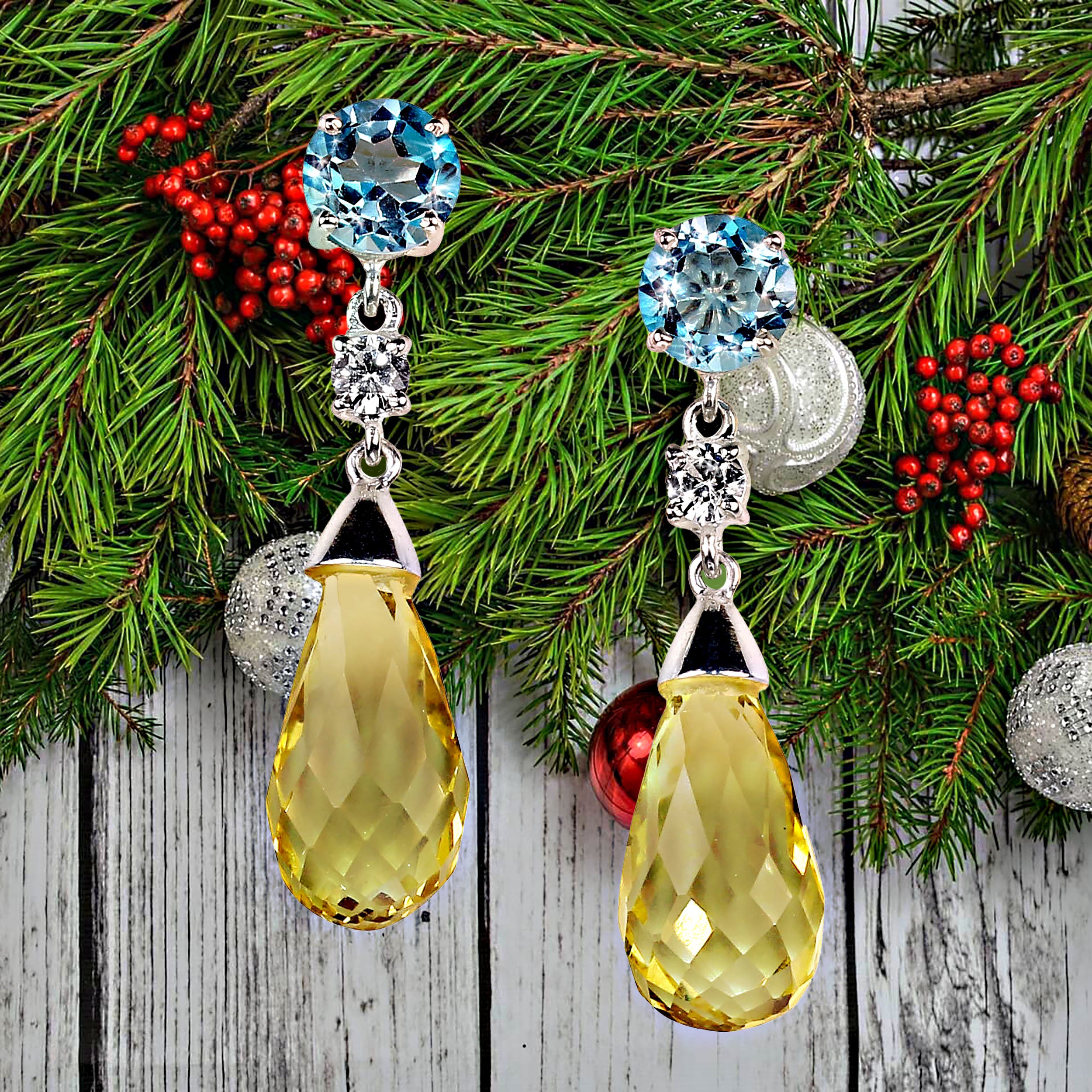 AJD Elegant Dangle Lemon Quartz and Blue Topaz Sterling Silver Earrings In New Condition For Sale In Raleigh, NC