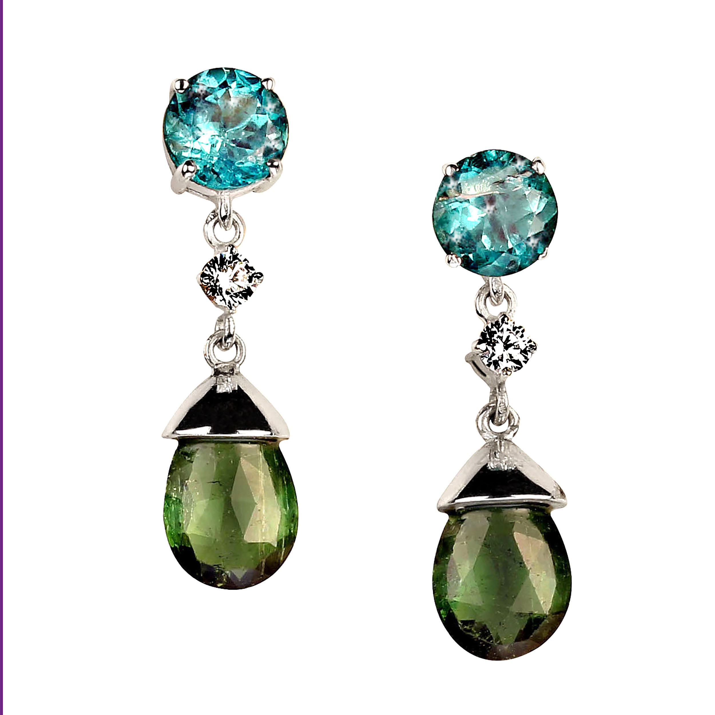 AJD Sparkling Blue Topaz and Green Tourmaline Dangle Earrings For Sale