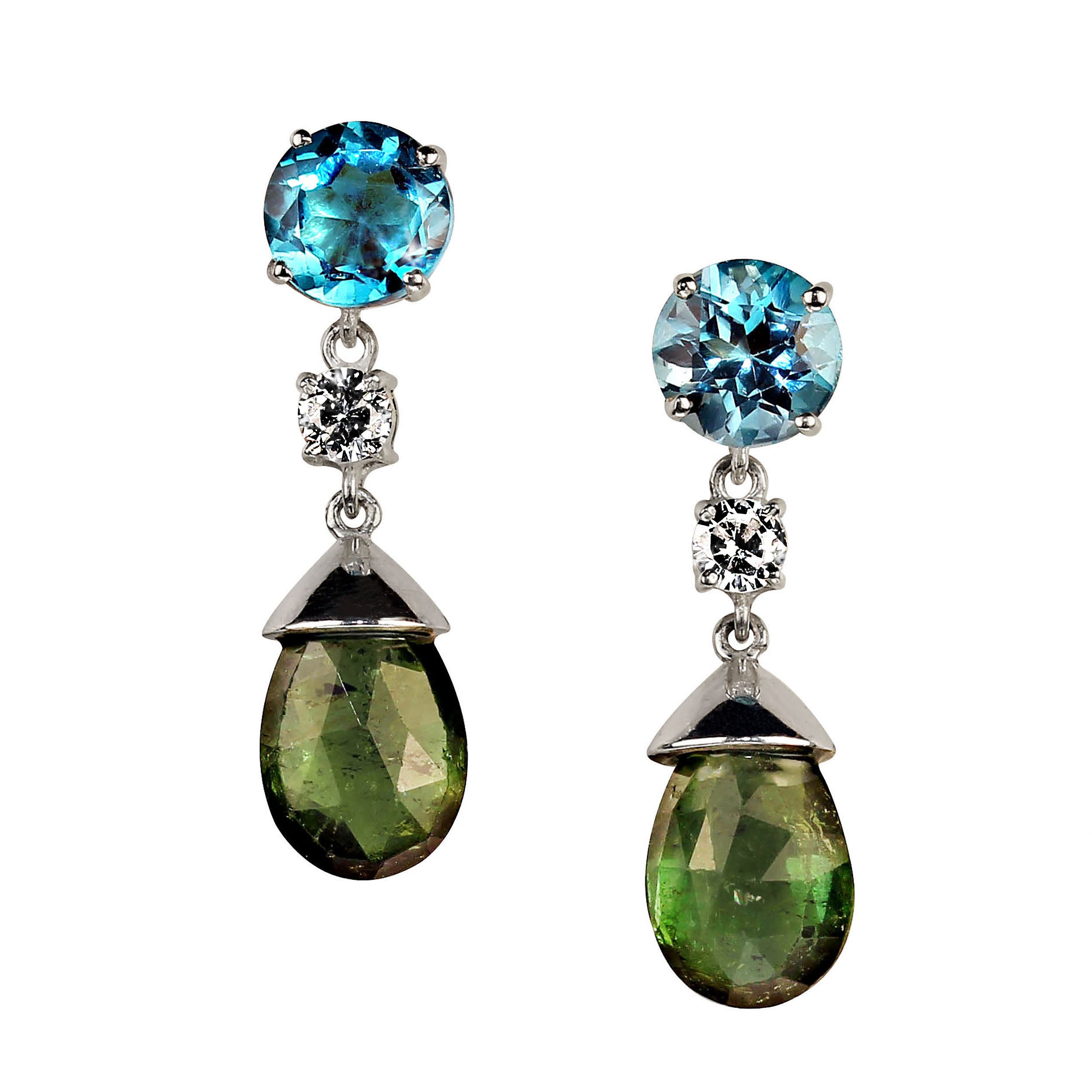 Aggiungi un tocco di eleganza a qualsiasi abbigliamento con questi squisiti orecchini pendenti, caratterizzati da una combinazione mozzafiato di scintillante Topazio Blu (4,6 ctw) e Tormalina verde intenso (9,61 ctw). Le gemme sono elegantemente