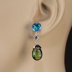 AJD Sparkling Blue Topaz and Green Tourmaline Dangle Earrings