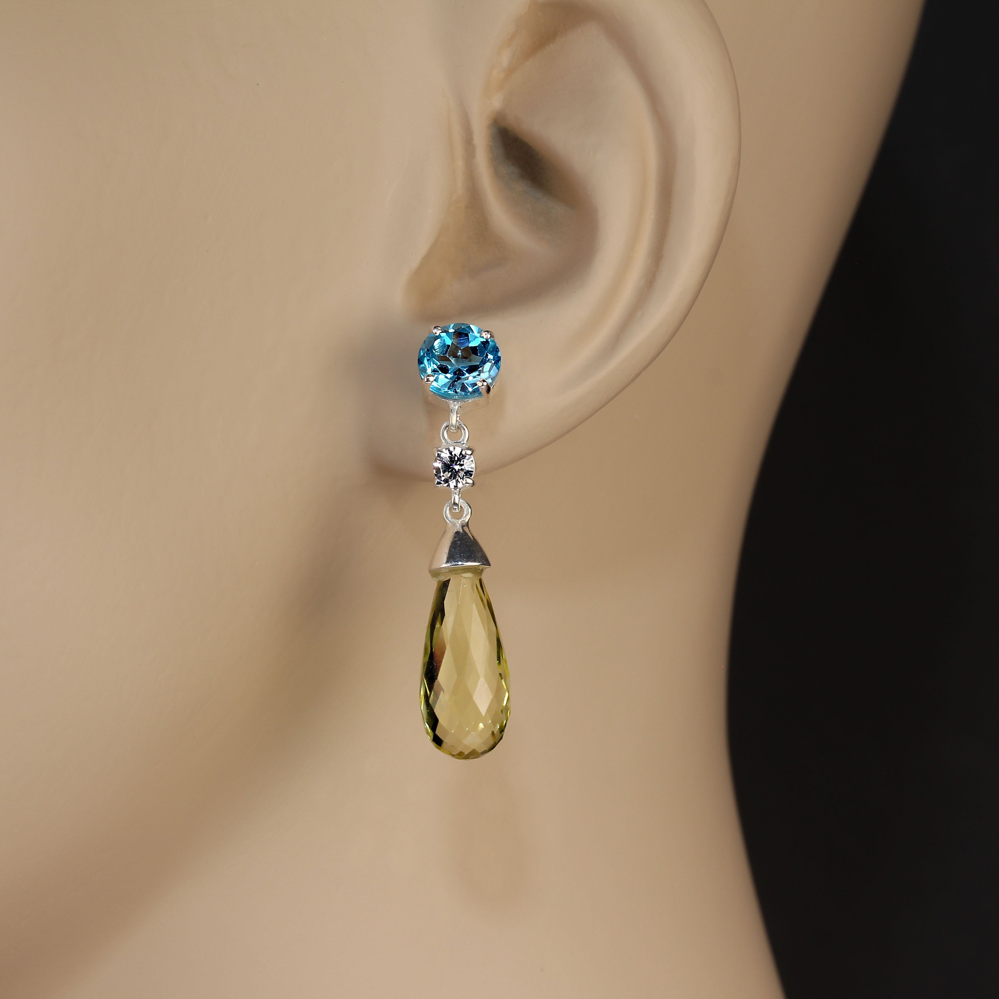 AJD Sparkling Blue Topaz and Lemon Quartz Dangle Earrings For Sale