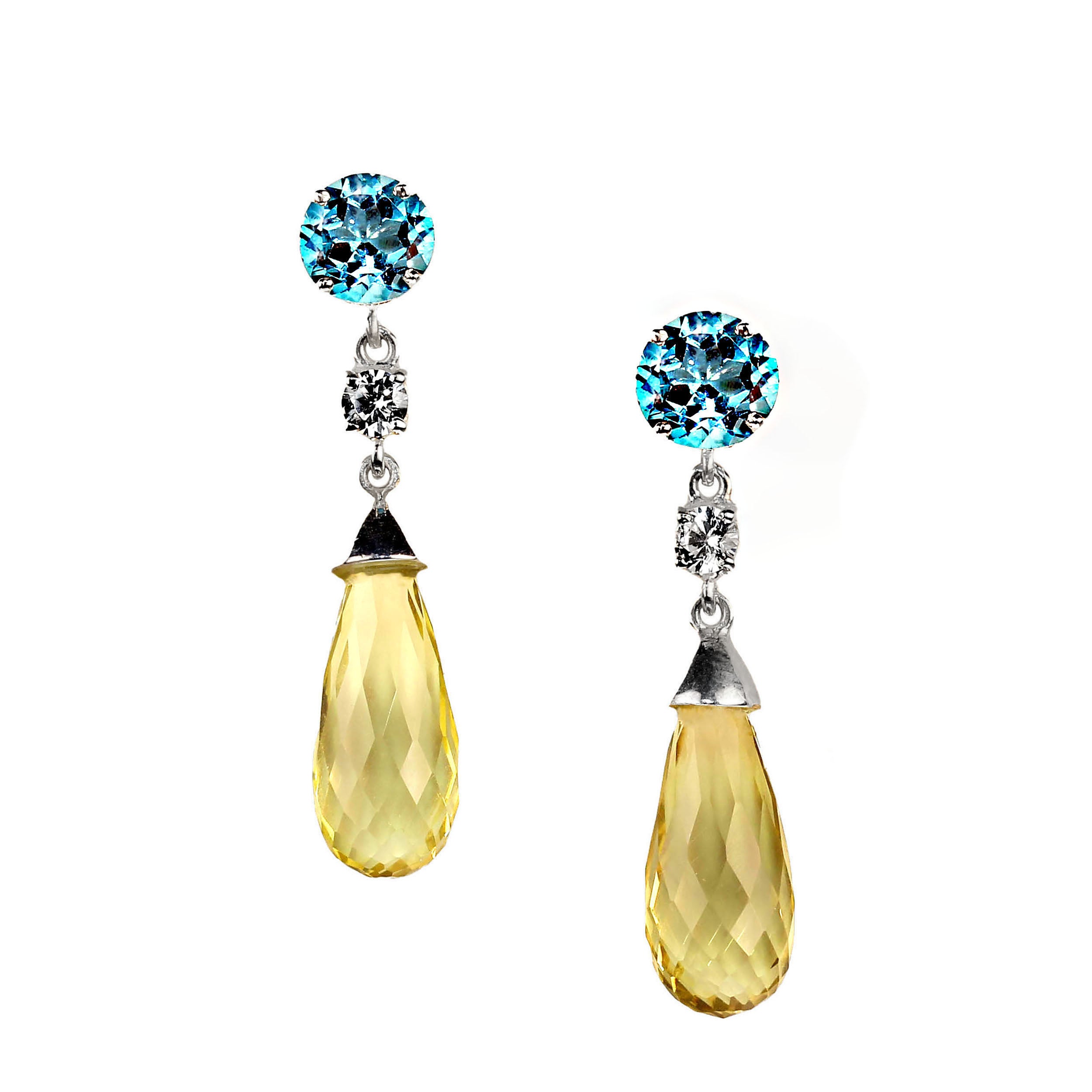 Pendants d'oreilles AJD en topaze bleue scintillante et quartz citron en vente
