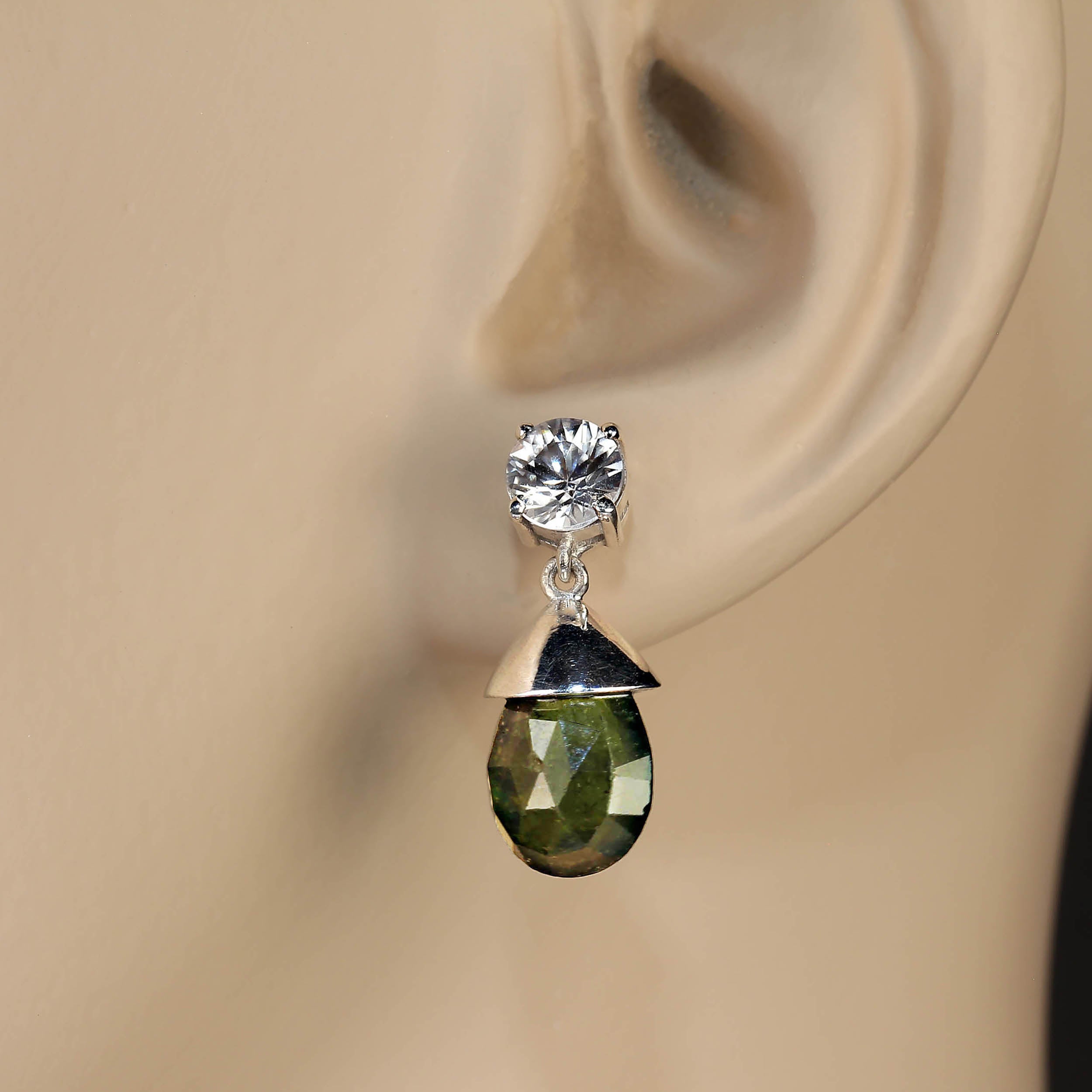 AJD Elegant Evening Earrings of Genuine Zircons and Green Tourmalines For Sale