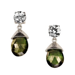 Elegant Sterling Silver Green Tourmaline & Zircon Dangle Earrings